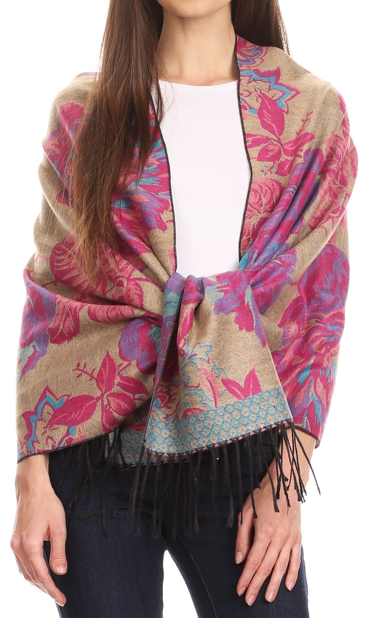 Sakkas Aurora Floral Rose Pashmina Scarf Shawl with Fringe Super Warm Soft Vegan - Concordia Style Boutique