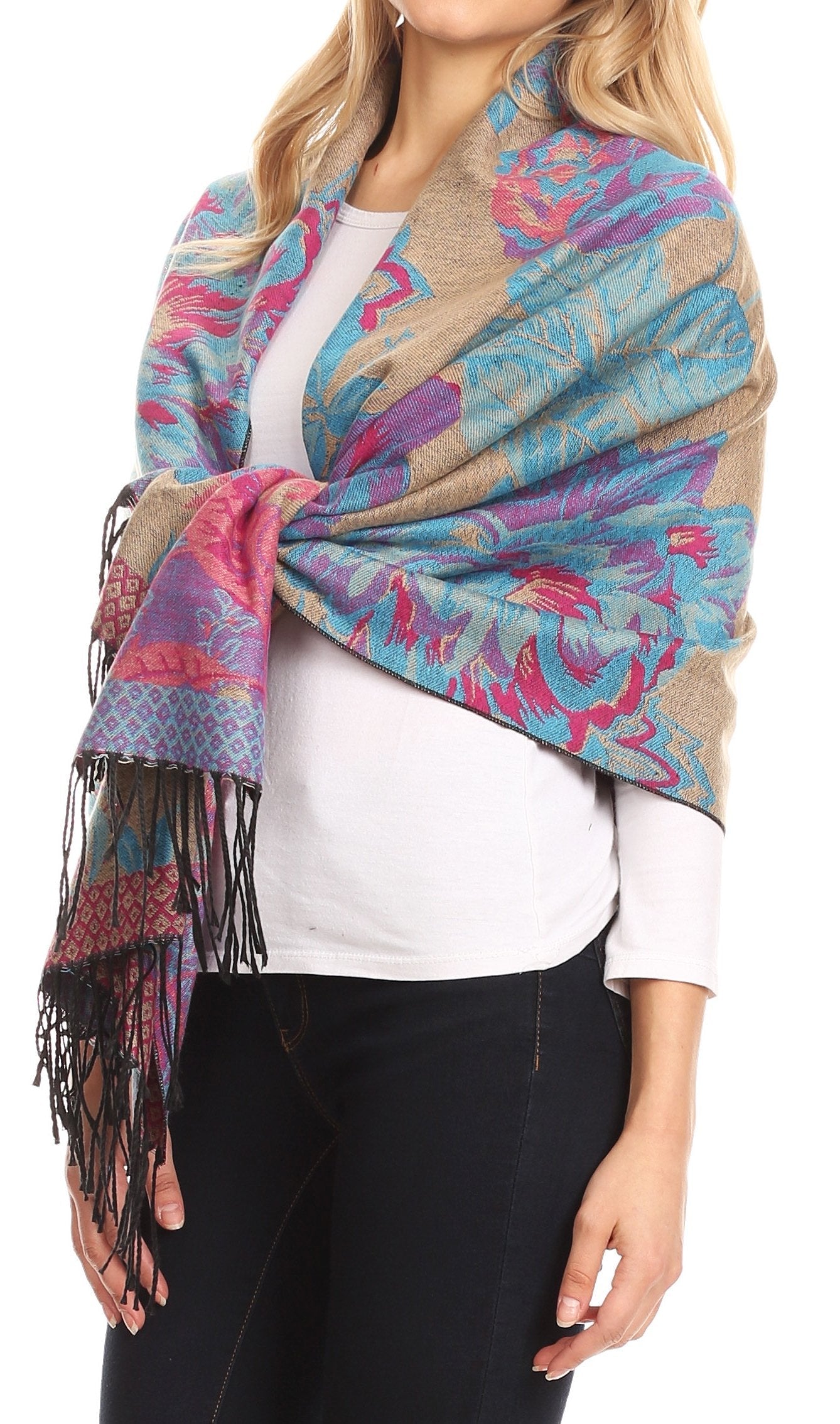 Sakkas Aurora Floral Rose Pashmina Scarf Shawl with Fringe Super Warm Soft Vegan - Concordia Style Boutique