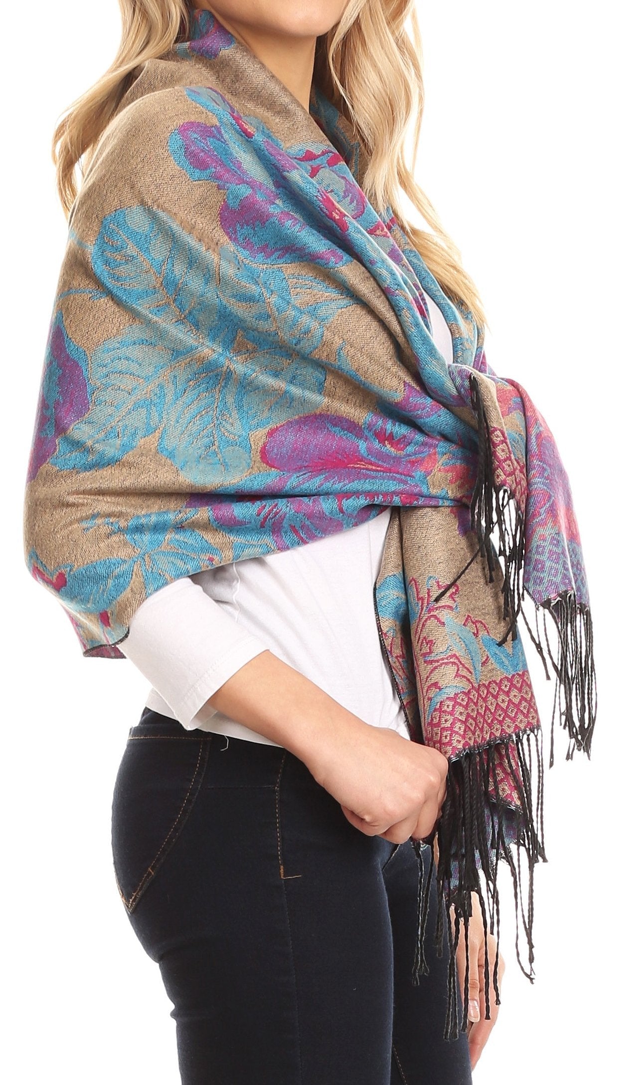 Sakkas Aurora Floral Rose Pashmina Scarf Shawl with Fringe Super Warm Soft Vegan - Concordia Style Boutique