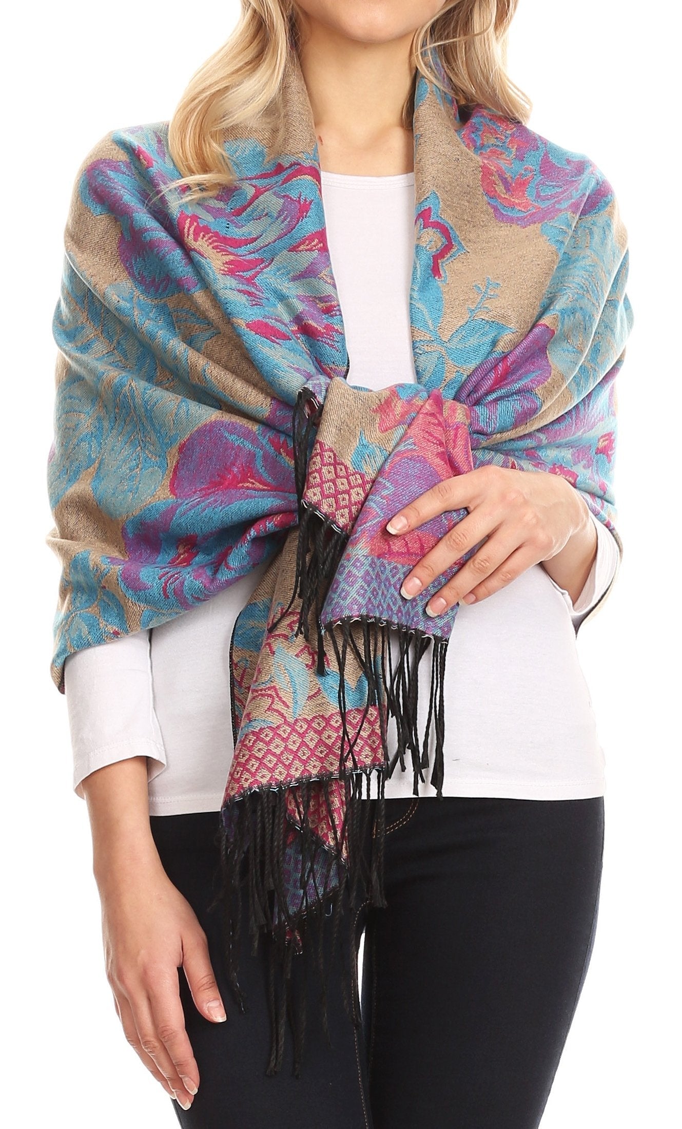 Sakkas Aurora Floral Rose Pashmina Scarf Shawl with Fringe Super Warm Soft Vegan - Concordia Style Boutique