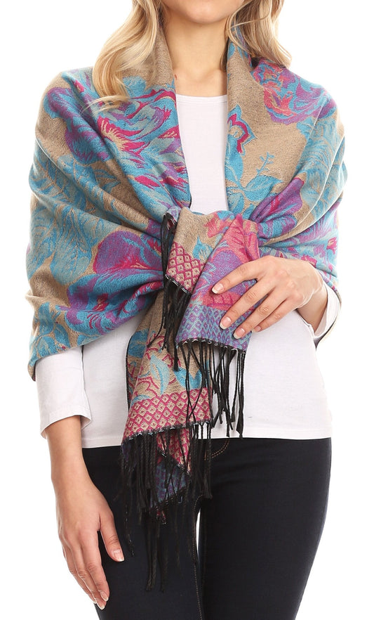 Sakkas Aurora Floral Rose Pashmina Scarf Shawl with Fringe Super Warm Soft Vegan - Concordia Style Boutique