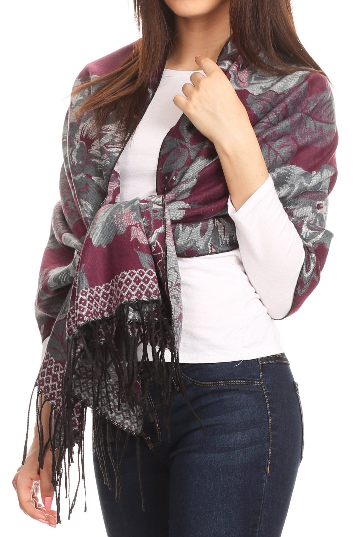 Sakkas Aurora Floral Rose Pashmina Scarf Shawl with Fringe Super Warm Soft Vegan - Concordia Style Boutique