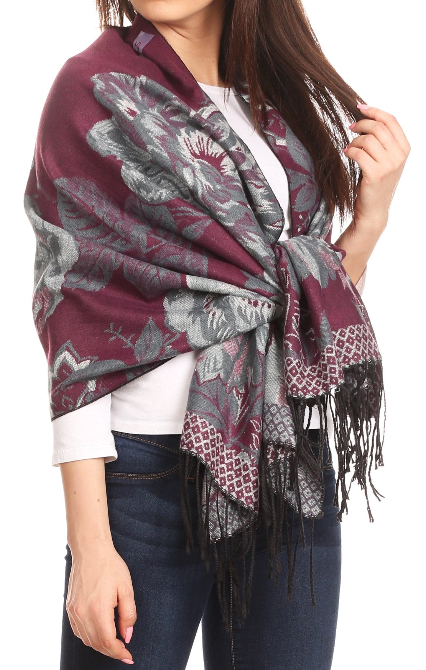 Sakkas Aurora Floral Rose Pashmina Scarf Shawl with Fringe Super Warm Soft Vegan - Concordia Style Boutique
