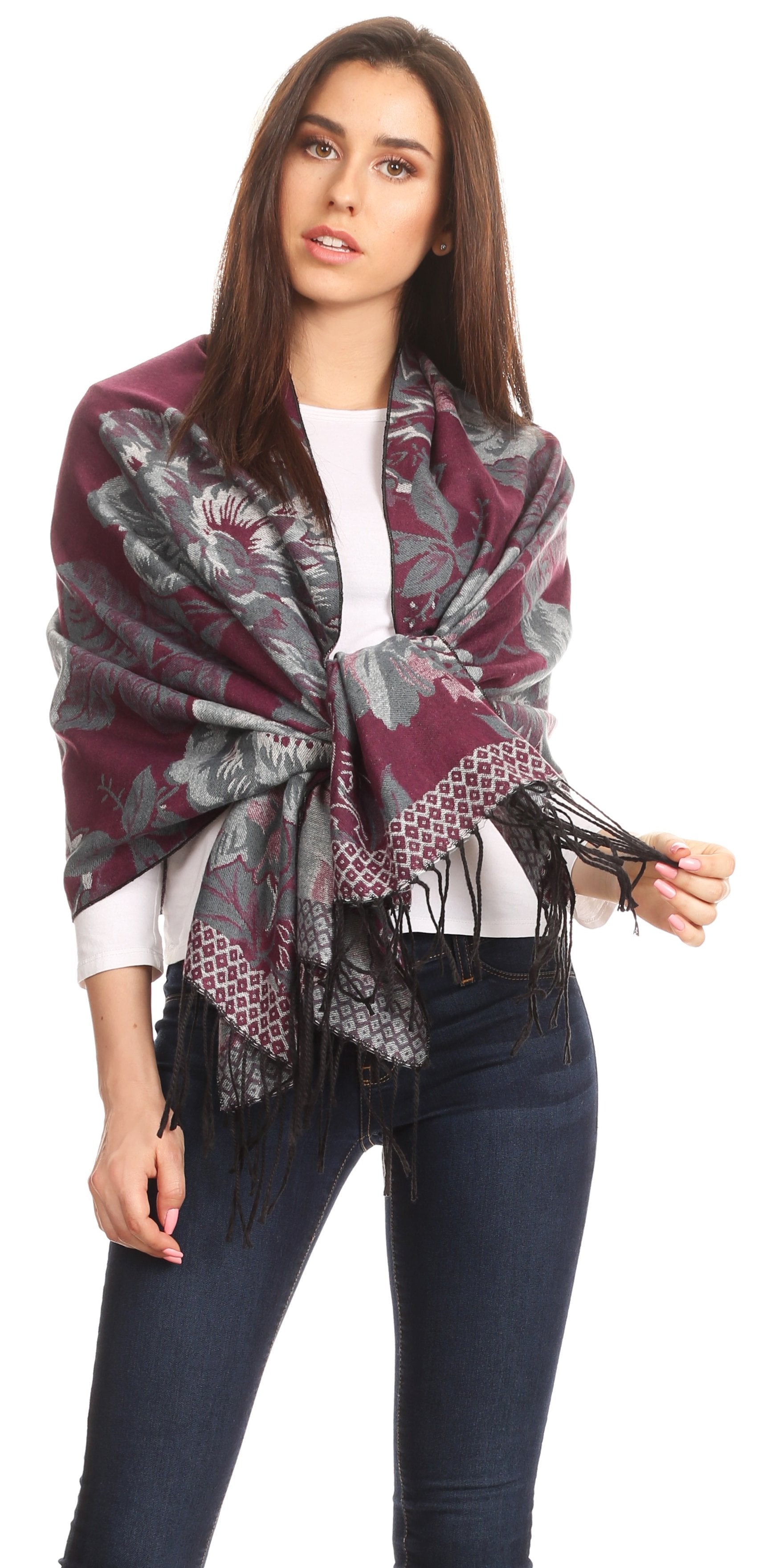Sakkas Aurora Floral Rose Pashmina Scarf Shawl with Fringe Super Warm Soft Vegan - Concordia Style Boutique