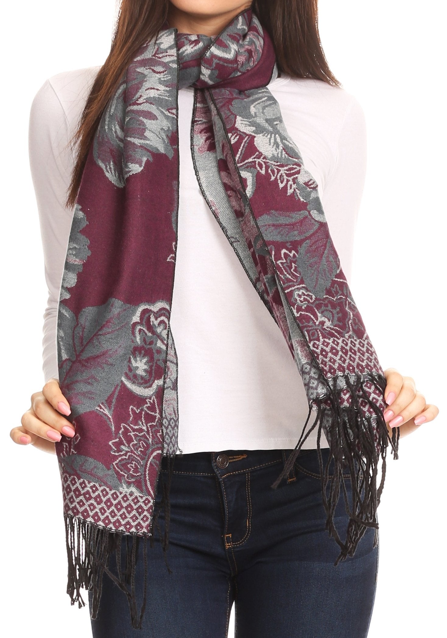 Sakkas Aurora Floral Rose Pashmina Scarf Shawl with Fringe Super Warm Soft Vegan - Concordia Style Boutique