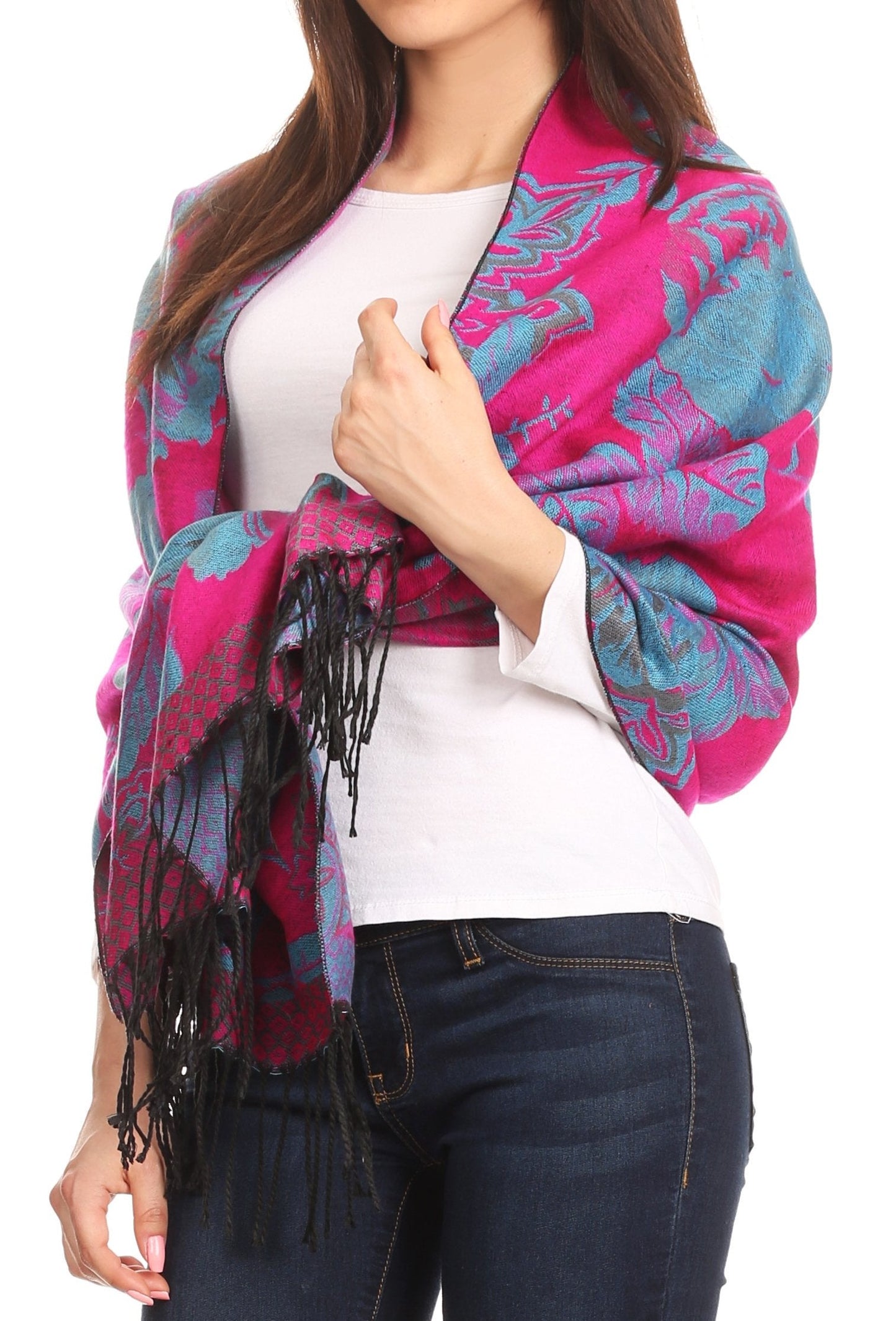 Sakkas Aurora Floral Rose Pashmina Scarf Shawl with Fringe Super Warm Soft Vegan - Concordia Style Boutique