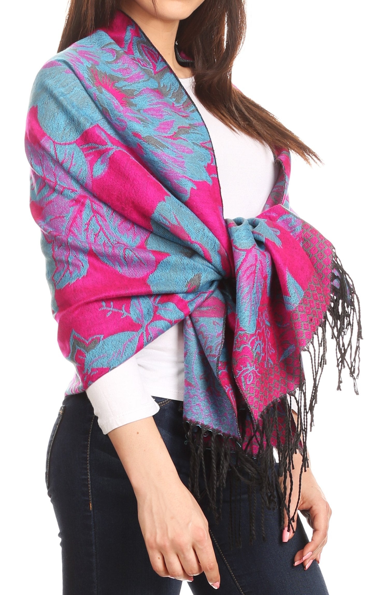Sakkas Aurora Floral Rose Pashmina Scarf Shawl with Fringe Super Warm Soft Vegan - Concordia Style Boutique