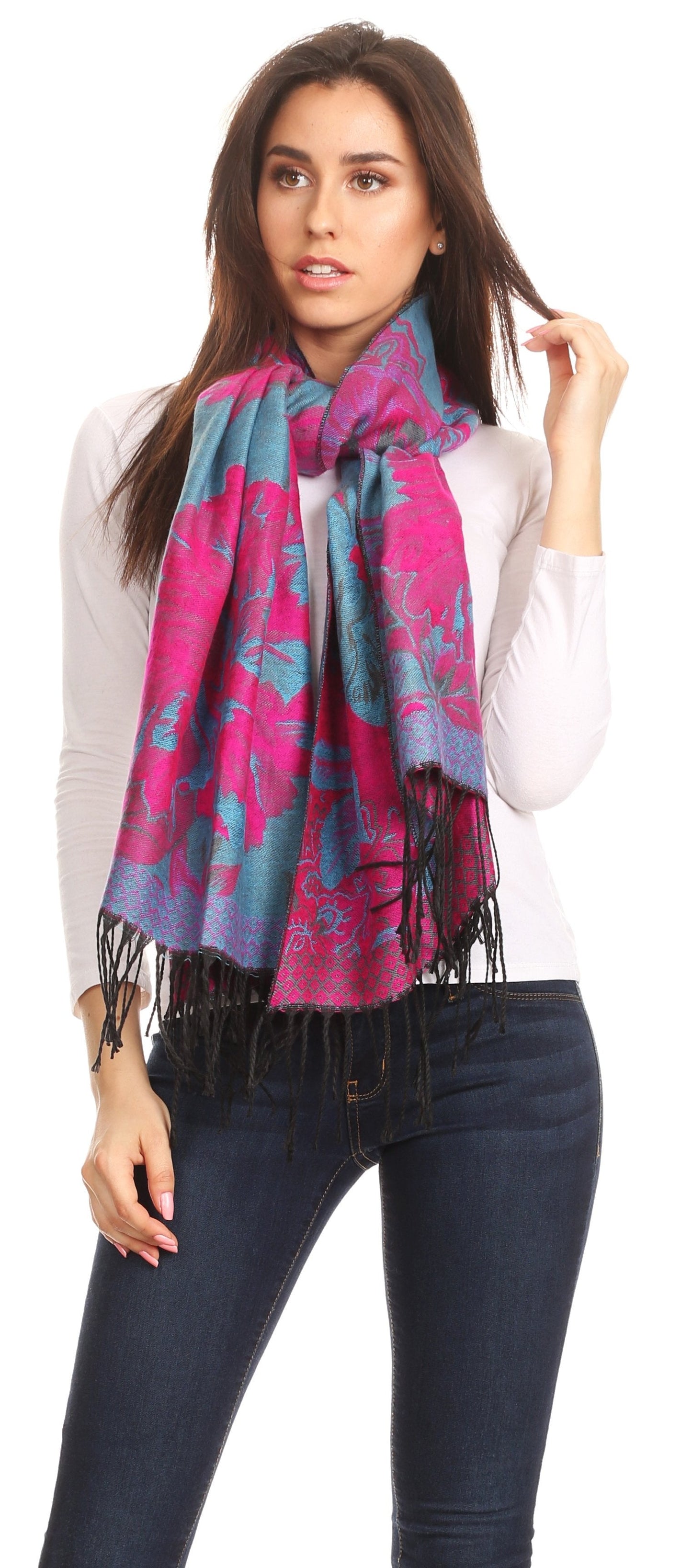Sakkas Aurora Floral Rose Pashmina Scarf Shawl with Fringe Super Warm Soft Vegan - Concordia Style Boutique