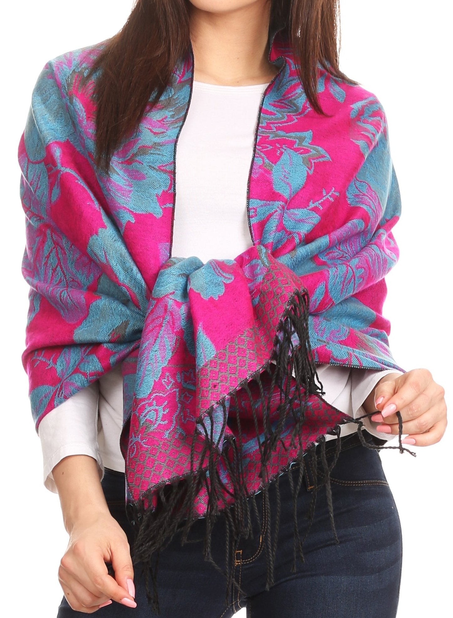 Sakkas Aurora Floral Rose Pashmina Scarf Shawl with Fringe Super Warm Soft Vegan - Concordia Style Boutique