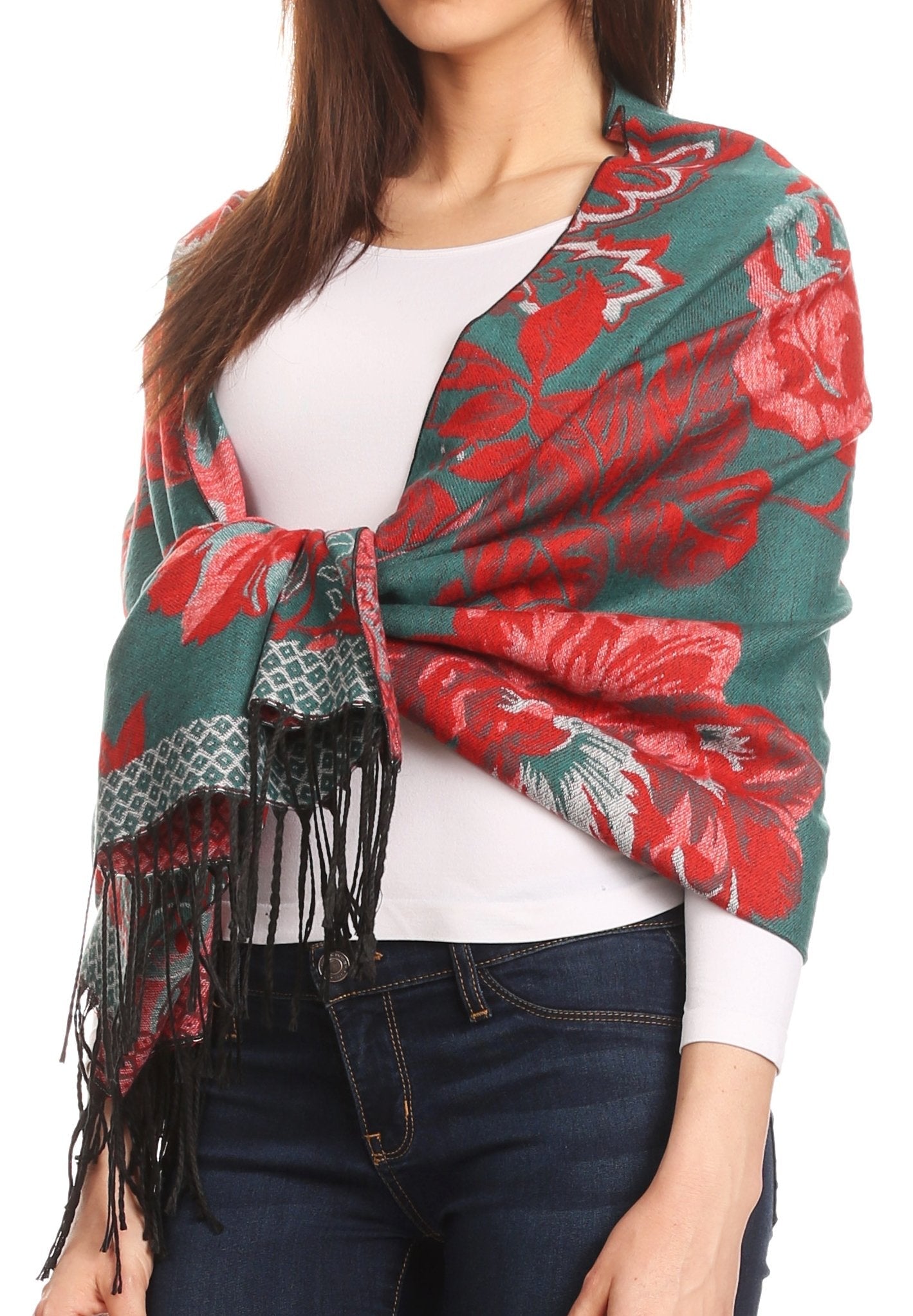 Sakkas Aurora Floral Rose Pashmina Scarf Shawl with Fringe Super Warm Soft Vegan - Concordia Style Boutique