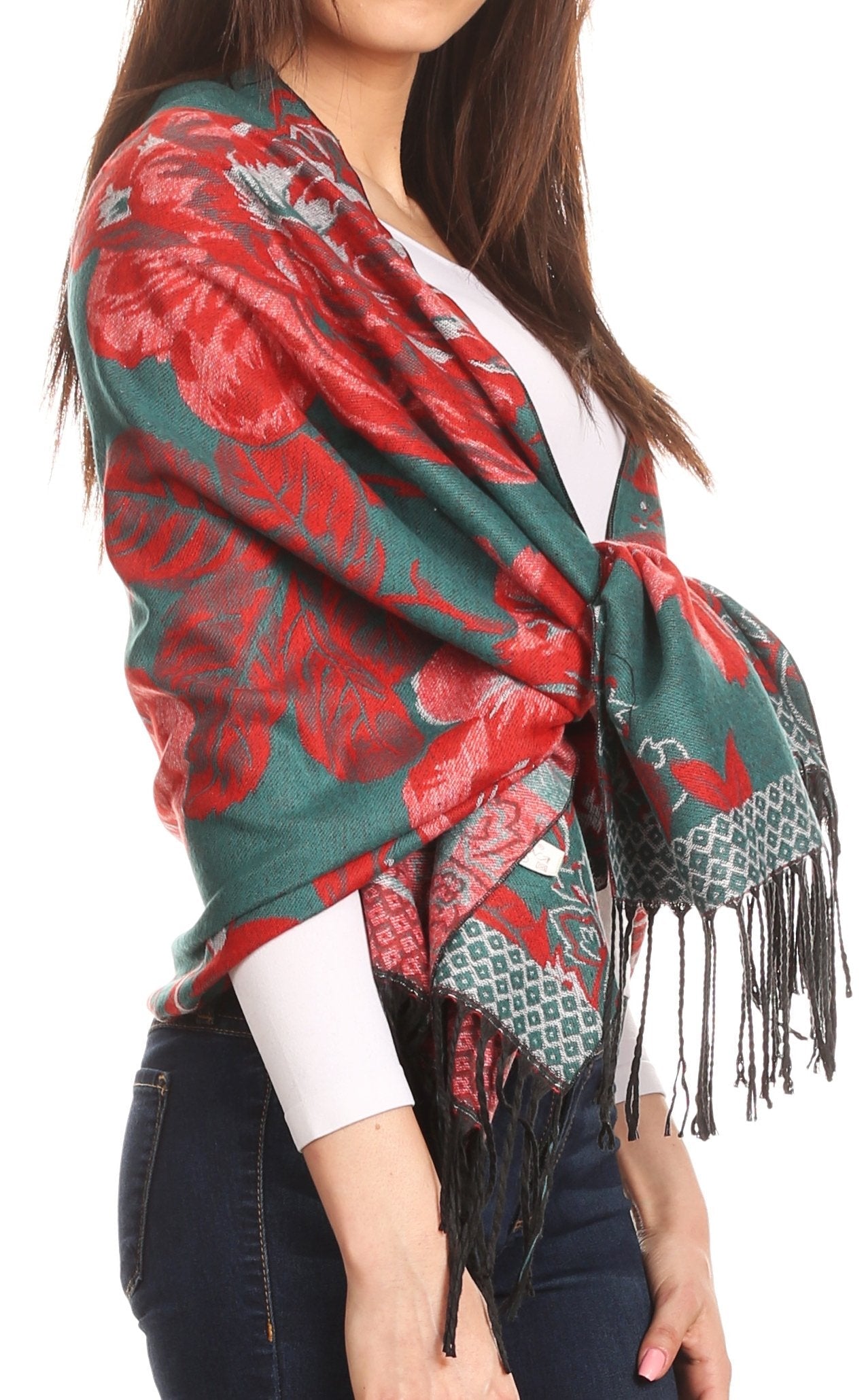 Sakkas Aurora Floral Rose Pashmina Scarf Shawl with Fringe Super Warm Soft Vegan - Concordia Style Boutique