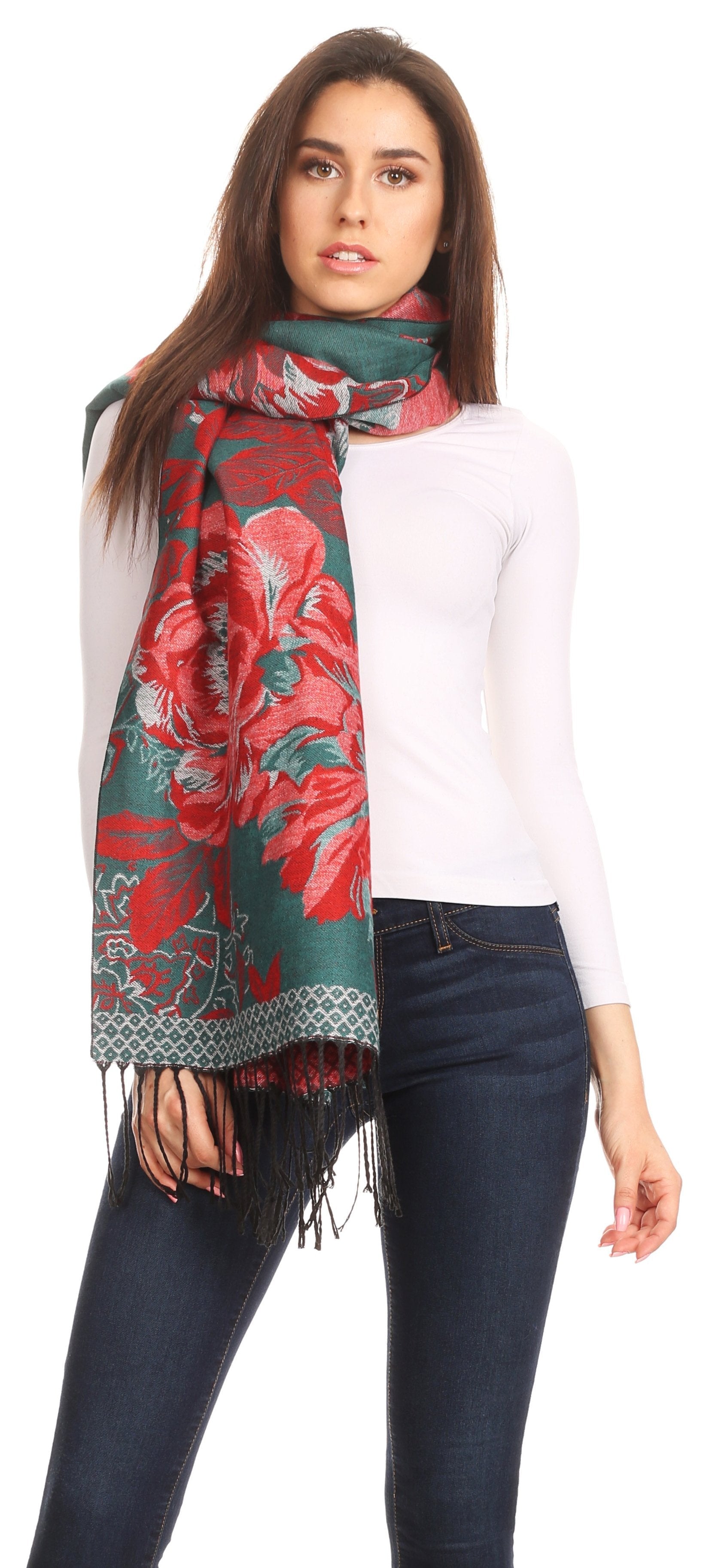 Sakkas Aurora Floral Rose Pashmina Scarf Shawl with Fringe Super Warm Soft Vegan - Concordia Style Boutique