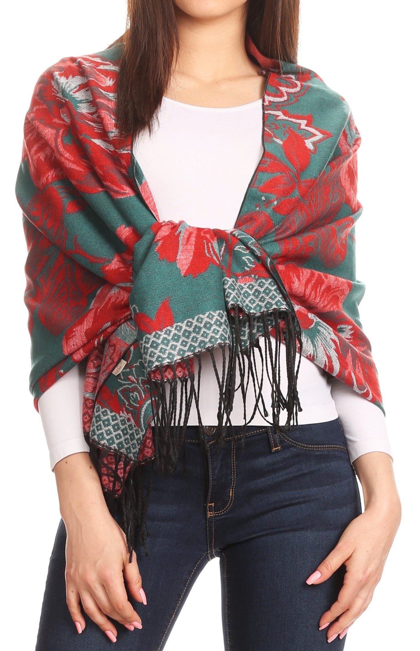 Sakkas Aurora Floral Rose Pashmina Scarf Shawl with Fringe Super Warm Soft Vegan - Concordia Style Boutique