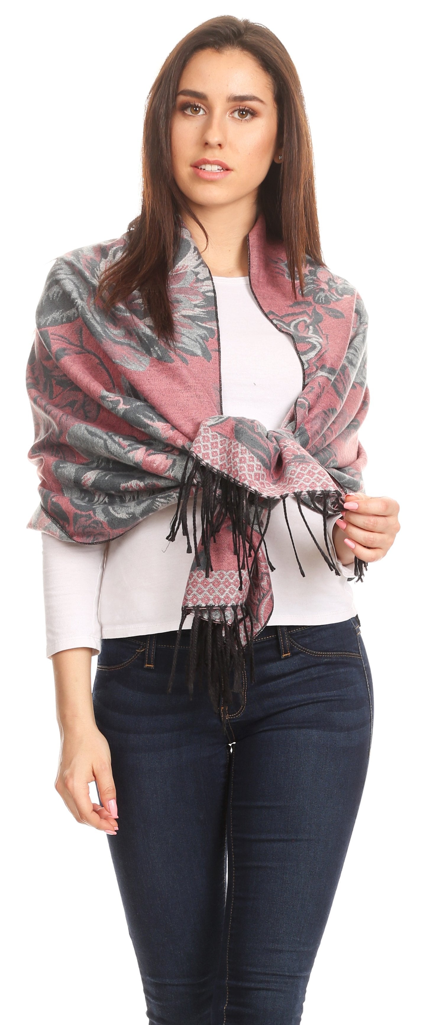Sakkas Aurora Floral Rose Pashmina Scarf Shawl with Fringe Super Warm Soft Vegan - Concordia Style Boutique