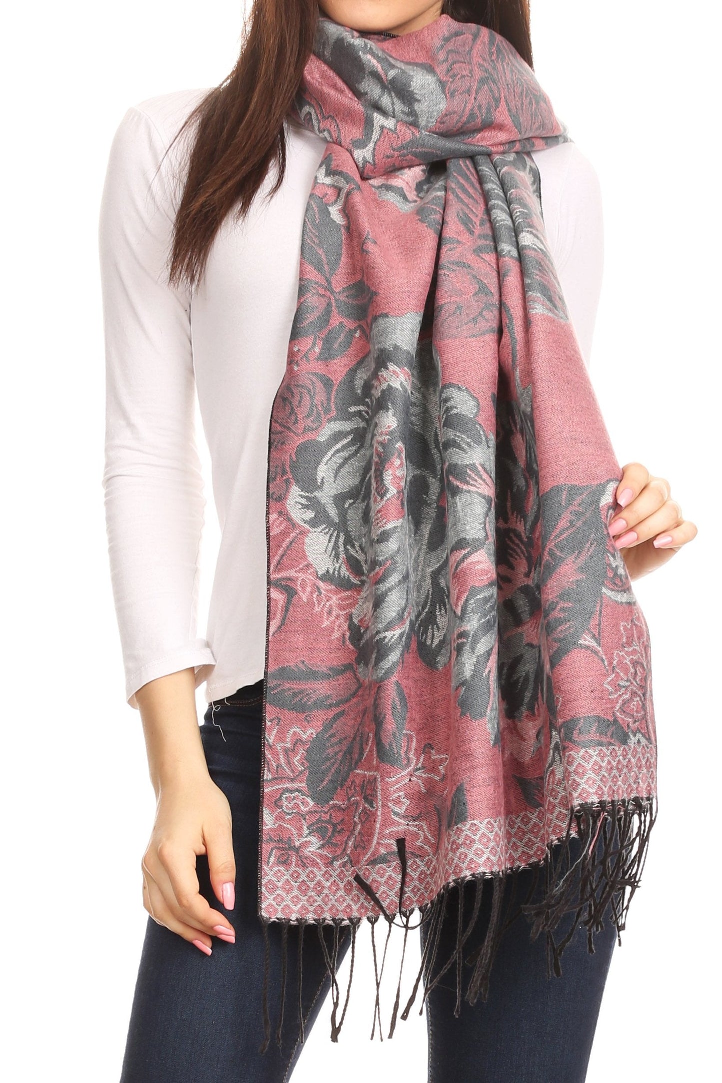 Sakkas Aurora Floral Rose Pashmina Scarf Shawl with Fringe Super Warm Soft Vegan - Concordia Style Boutique
