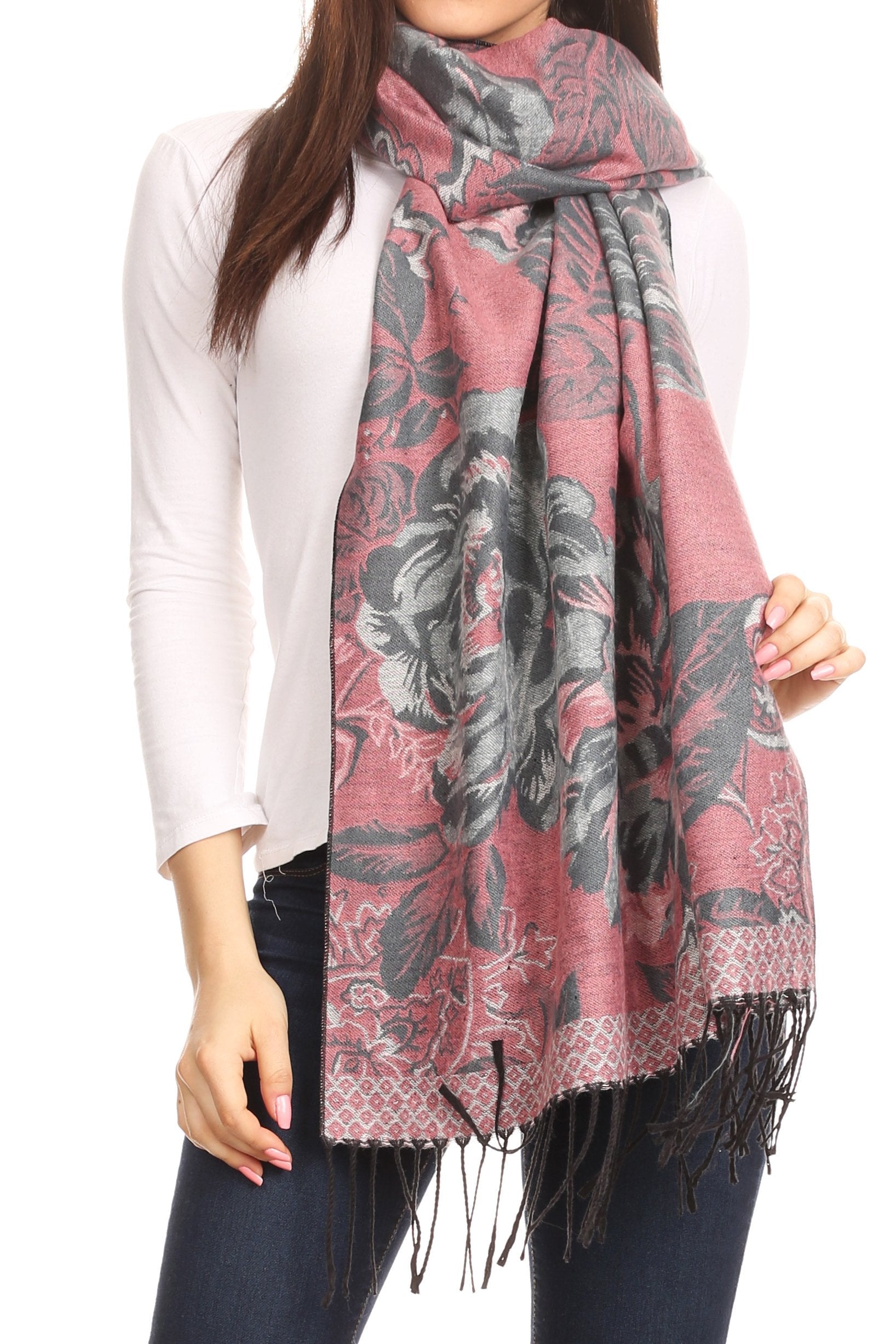 Sakkas Aurora Floral Rose Pashmina Scarf Shawl with Fringe Super Warm Soft Vegan - Concordia Style Boutique