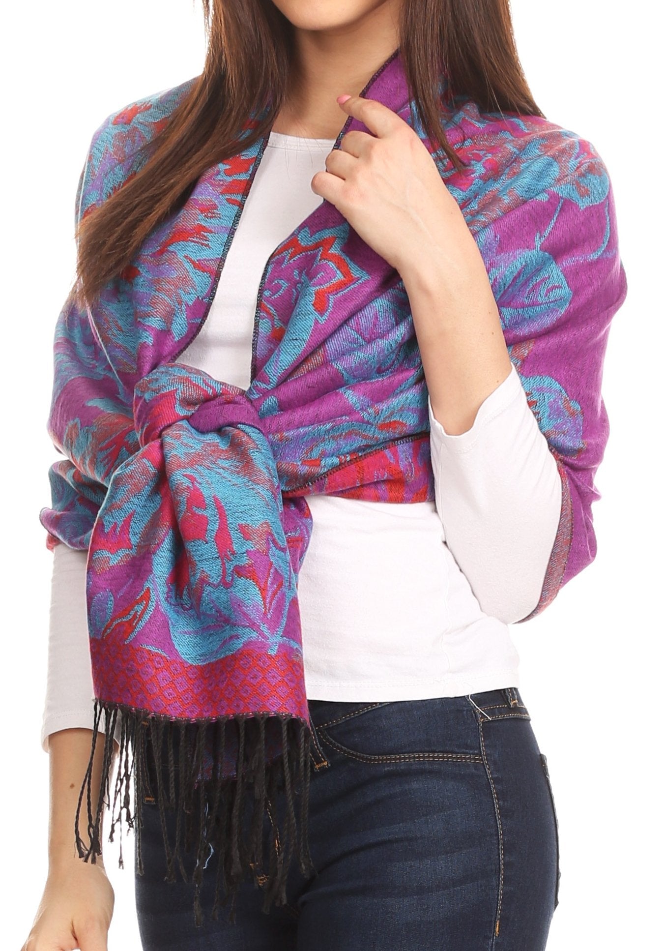 Sakkas Aurora Floral Rose Pashmina Scarf Shawl with Fringe Super Warm Soft Vegan - Concordia Style Boutique