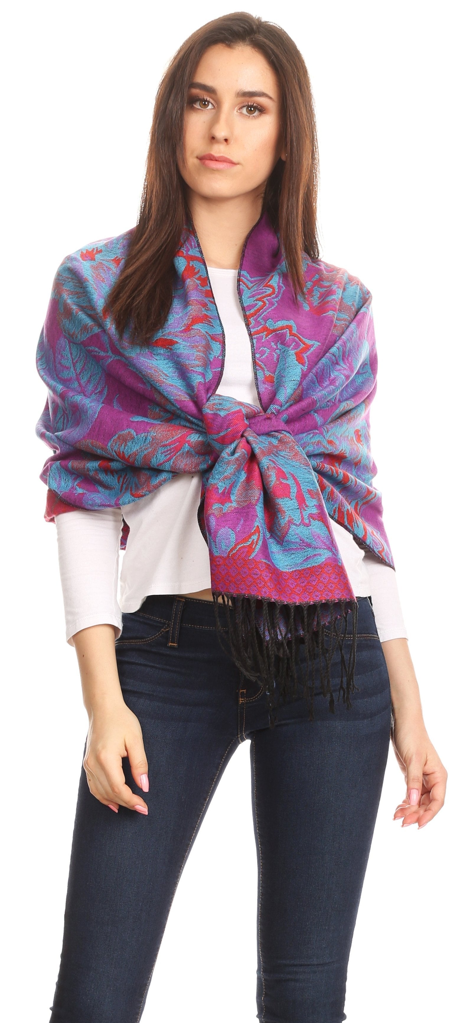 Sakkas Aurora Floral Rose Pashmina Scarf Shawl with Fringe Super Warm Soft Vegan - Concordia Style Boutique