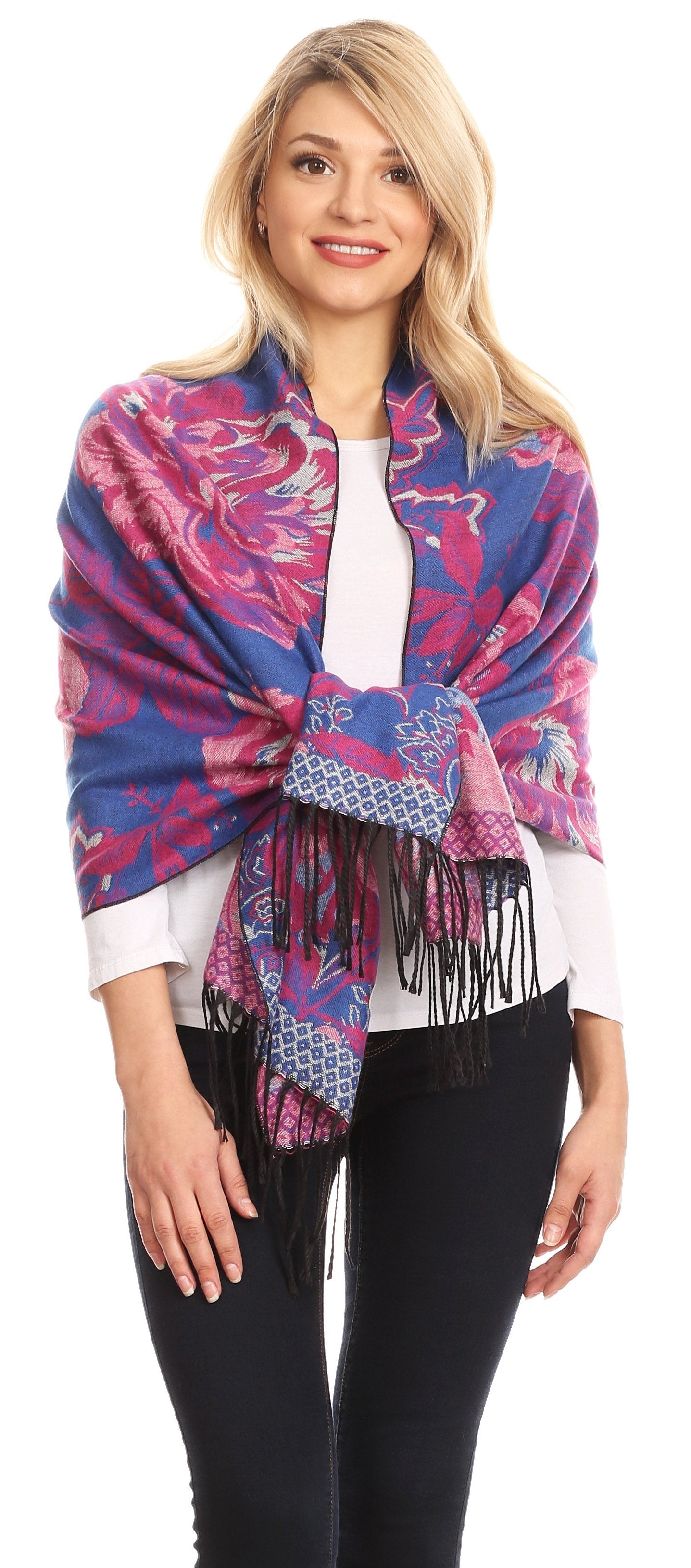 Sakkas Aurora Floral Rose Pashmina Scarf Shawl with Fringe Super Warm Soft Vegan - Concordia Style Boutique