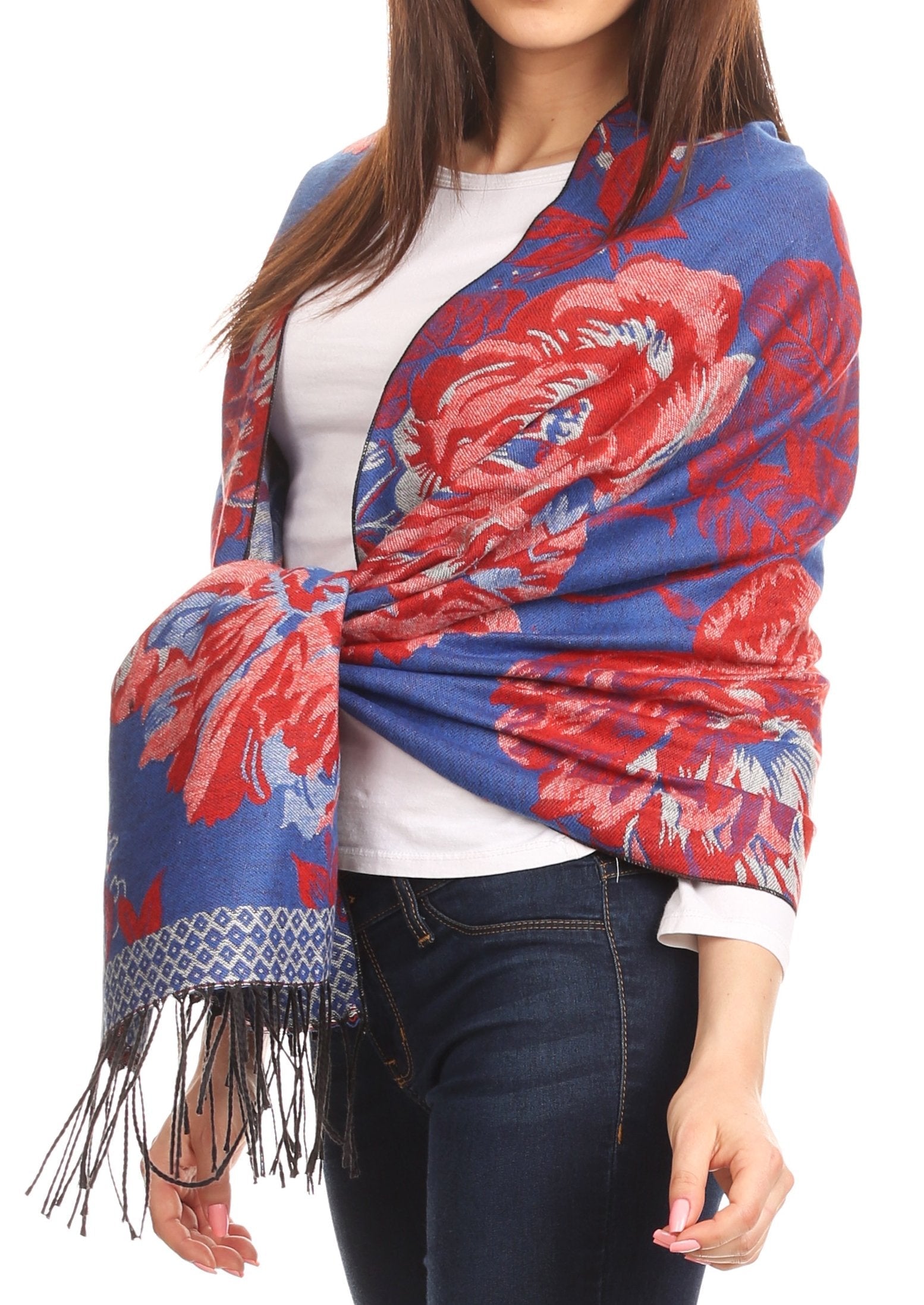 Sakkas Aurora Floral Rose Pashmina Scarf Shawl with Fringe Super Warm Soft Vegan - Concordia Style Boutique