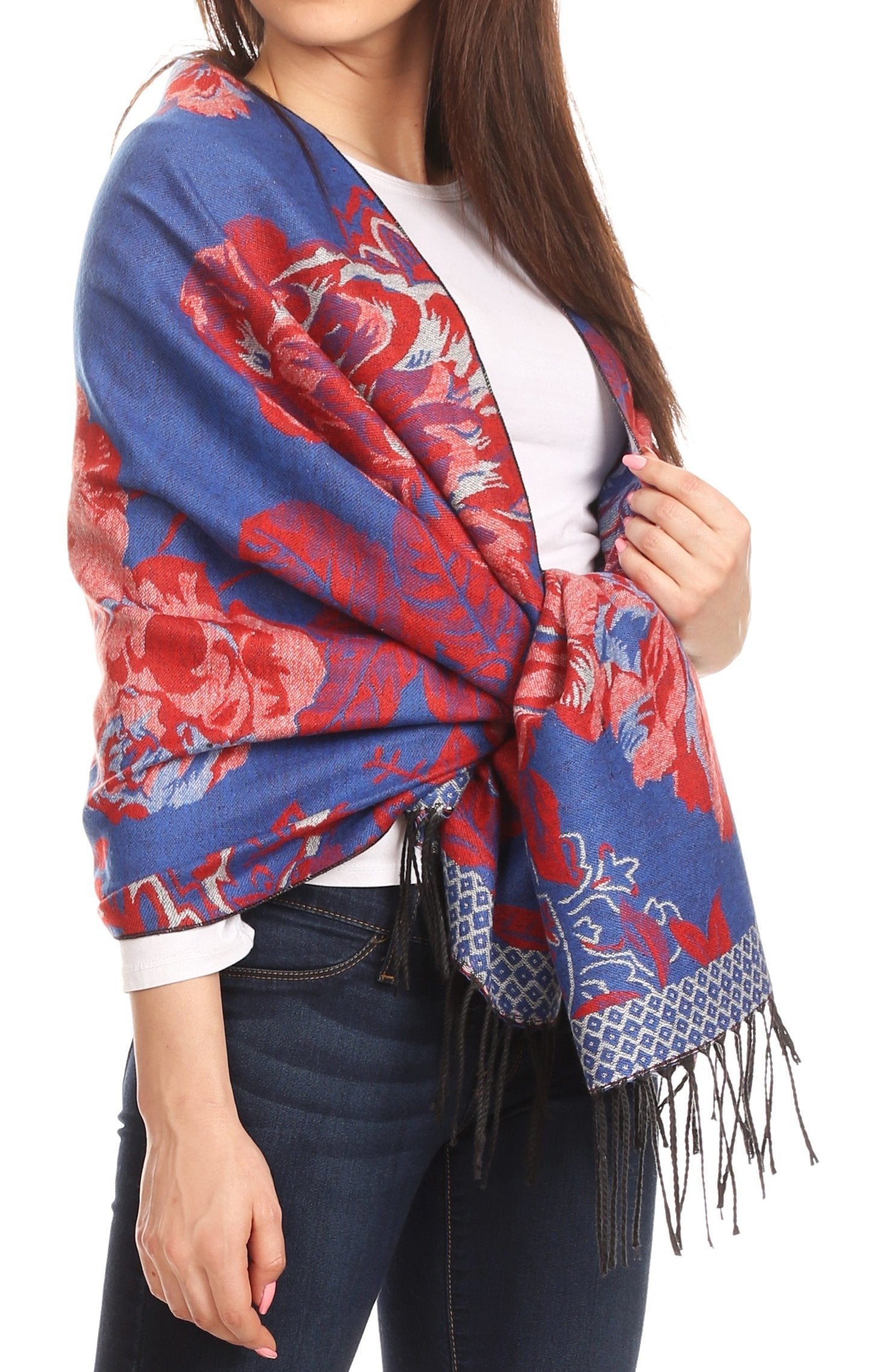 Sakkas Aurora Floral Rose Pashmina Scarf Shawl with Fringe Super Warm Soft Vegan - Concordia Style Boutique