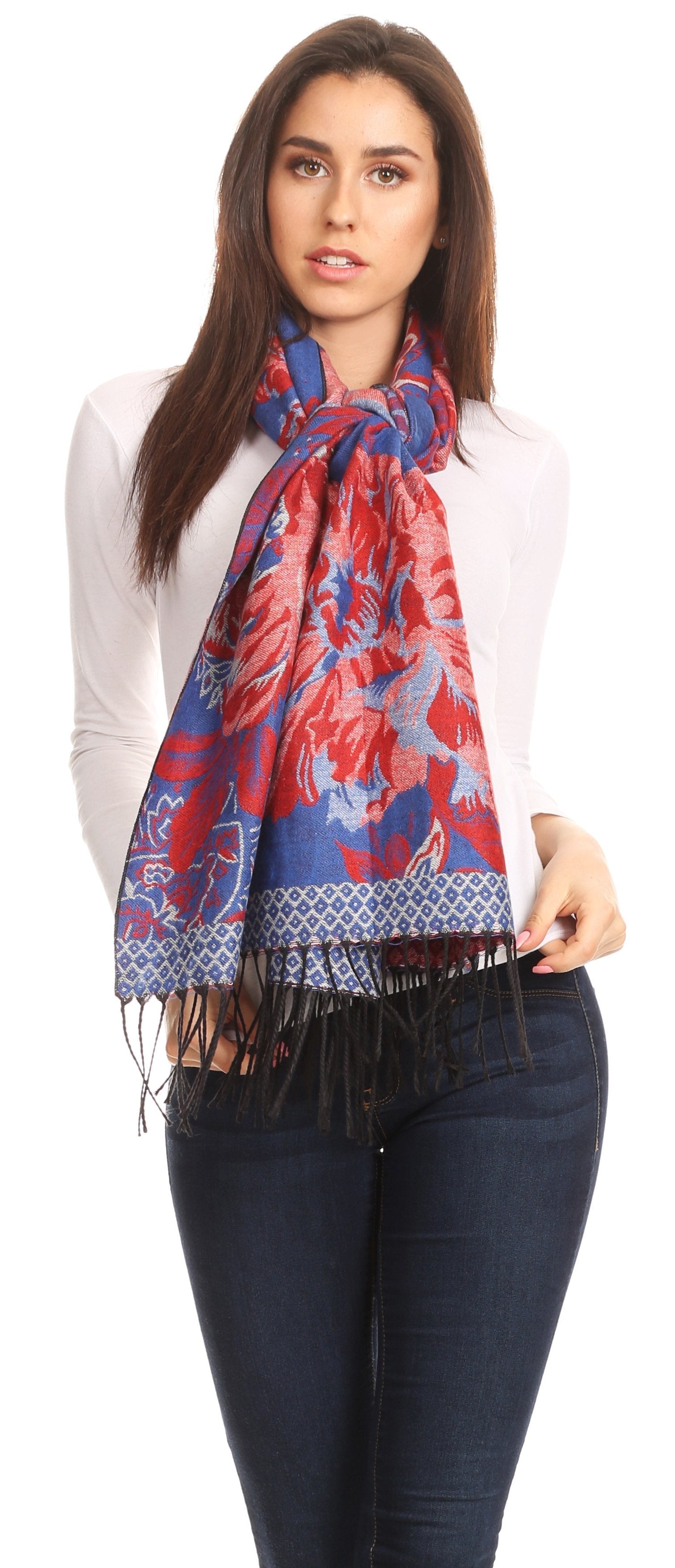 Sakkas Aurora Floral Rose Pashmina Scarf Shawl with Fringe Super Warm Soft Vegan - Concordia Style Boutique