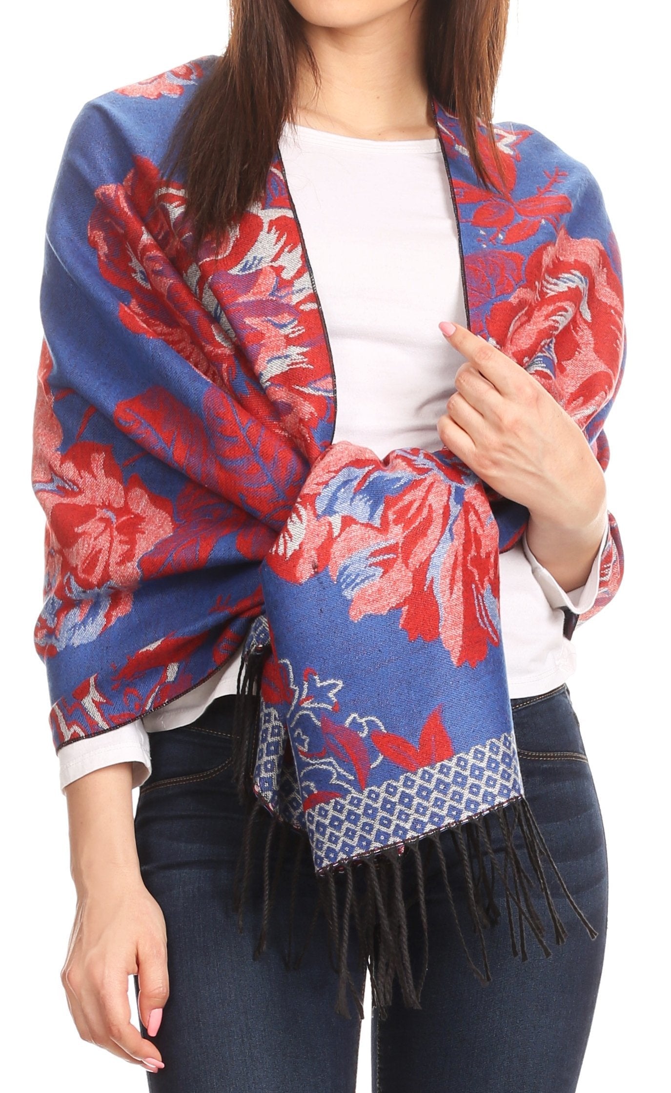 Sakkas Aurora Floral Rose Pashmina Scarf Shawl with Fringe Super Warm Soft Vegan - Concordia Style Boutique