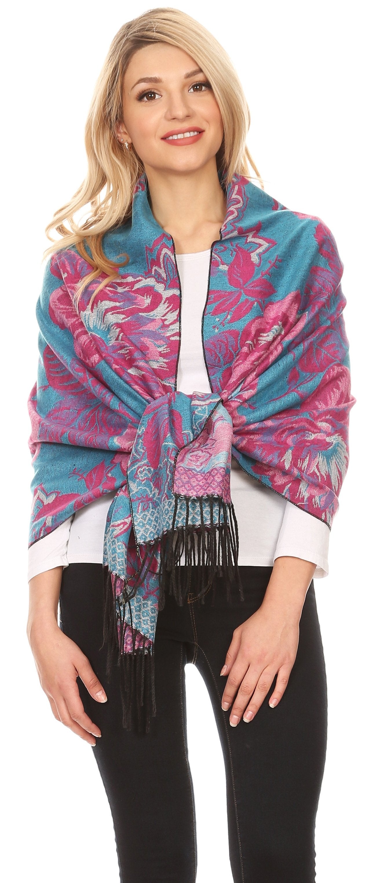 Sakkas Aurora Floral Rose Pashmina Scarf Shawl with Fringe Super Warm Soft Vegan - Concordia Style Boutique