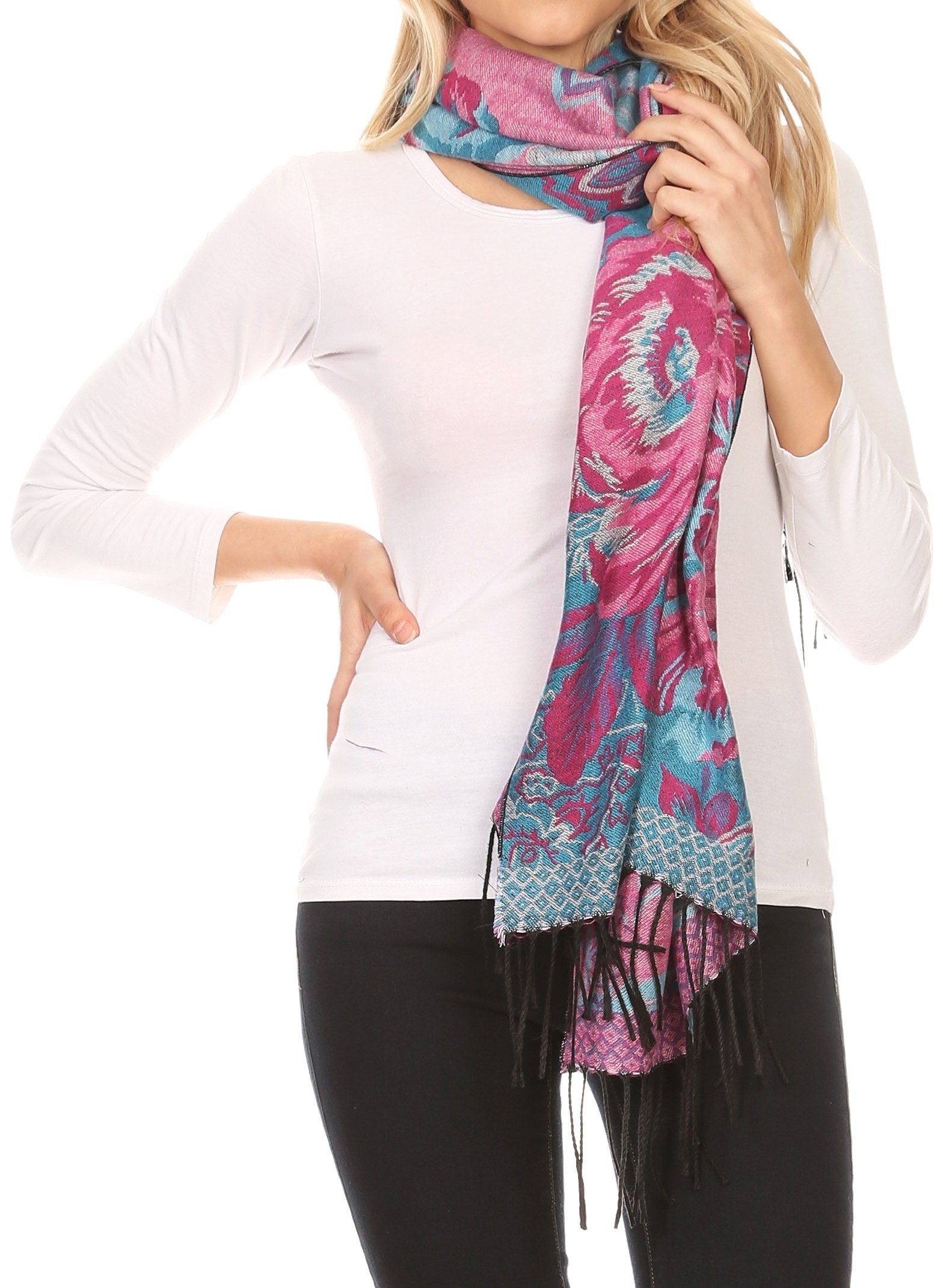 Sakkas Aurora Floral Rose Pashmina Scarf Shawl with Fringe Super Warm Soft Vegan - Concordia Style Boutique