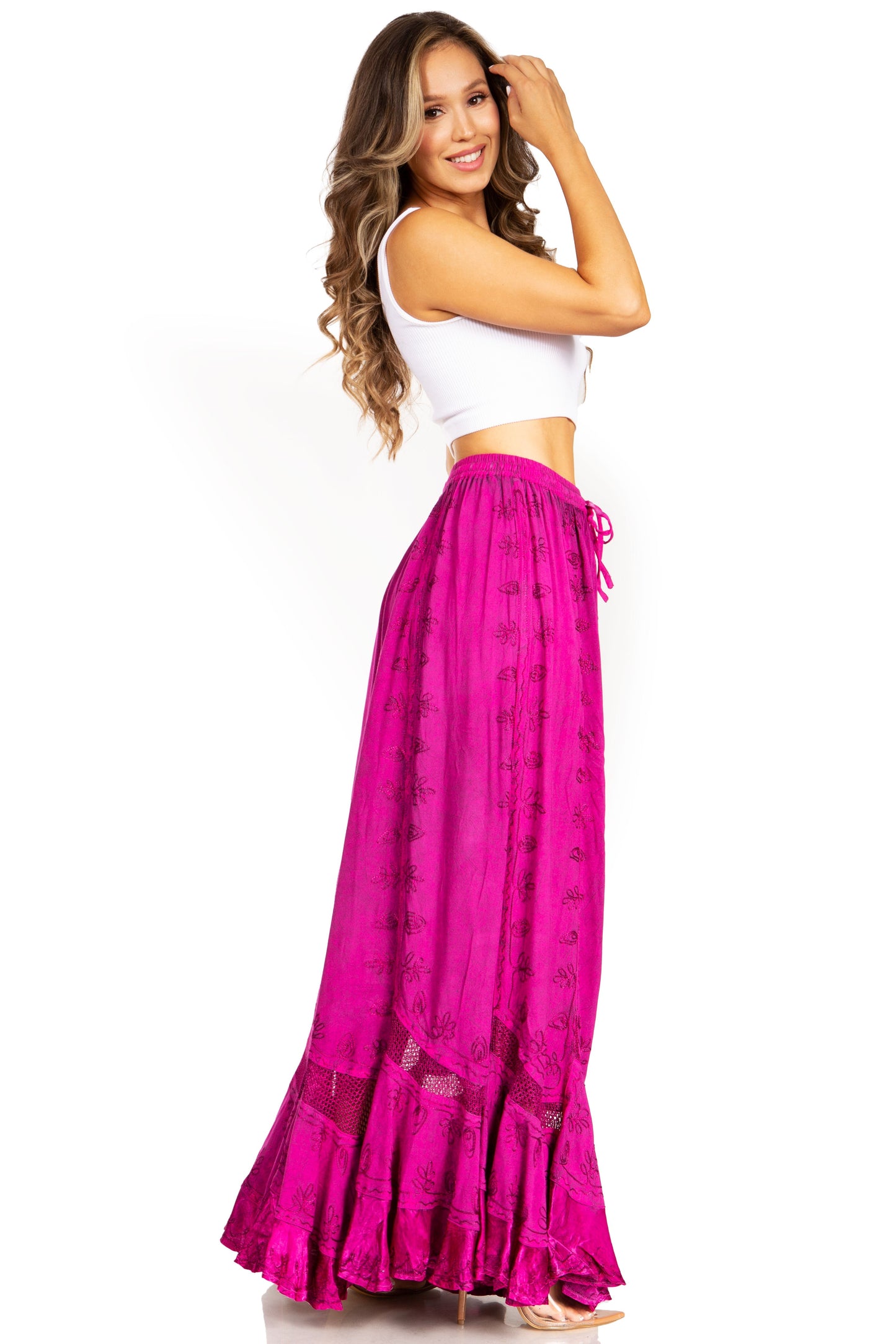 Sakkas Ivy Second Women's Maxi Boho Elastic Waist Embroidered A Line Long Skirt - Concordia Style Boutique