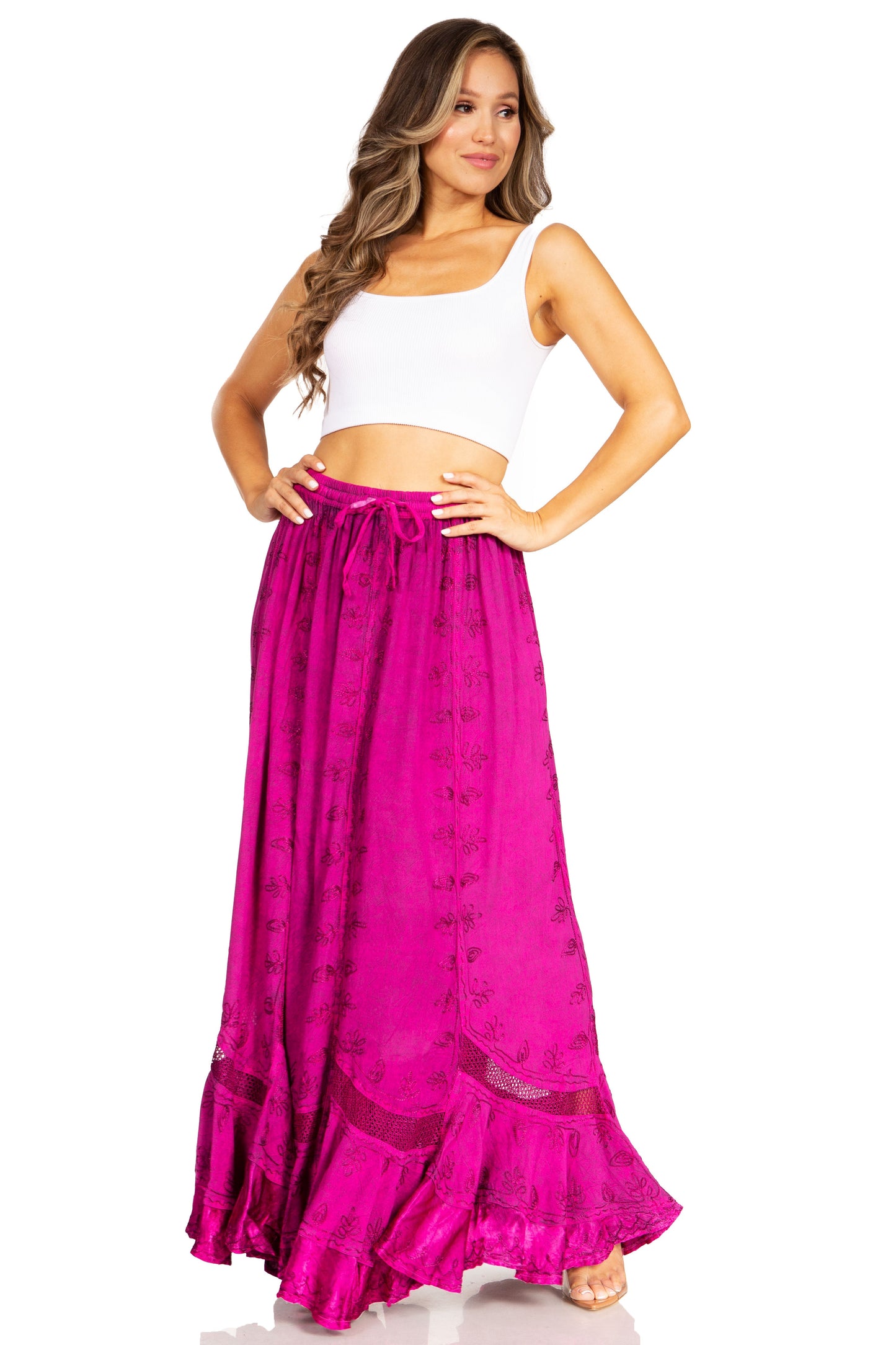 Sakkas Ivy Second Women's Maxi Boho Elastic Waist Embroidered A Line Long Skirt - Concordia Style Boutique