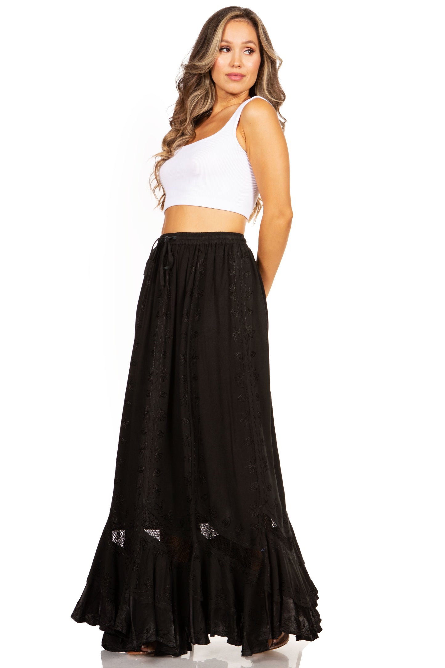 Sakkas Ivy Second Women's Maxi Boho Elastic Waist Embroidered A Line Long Skirt - Concordia Style Boutique