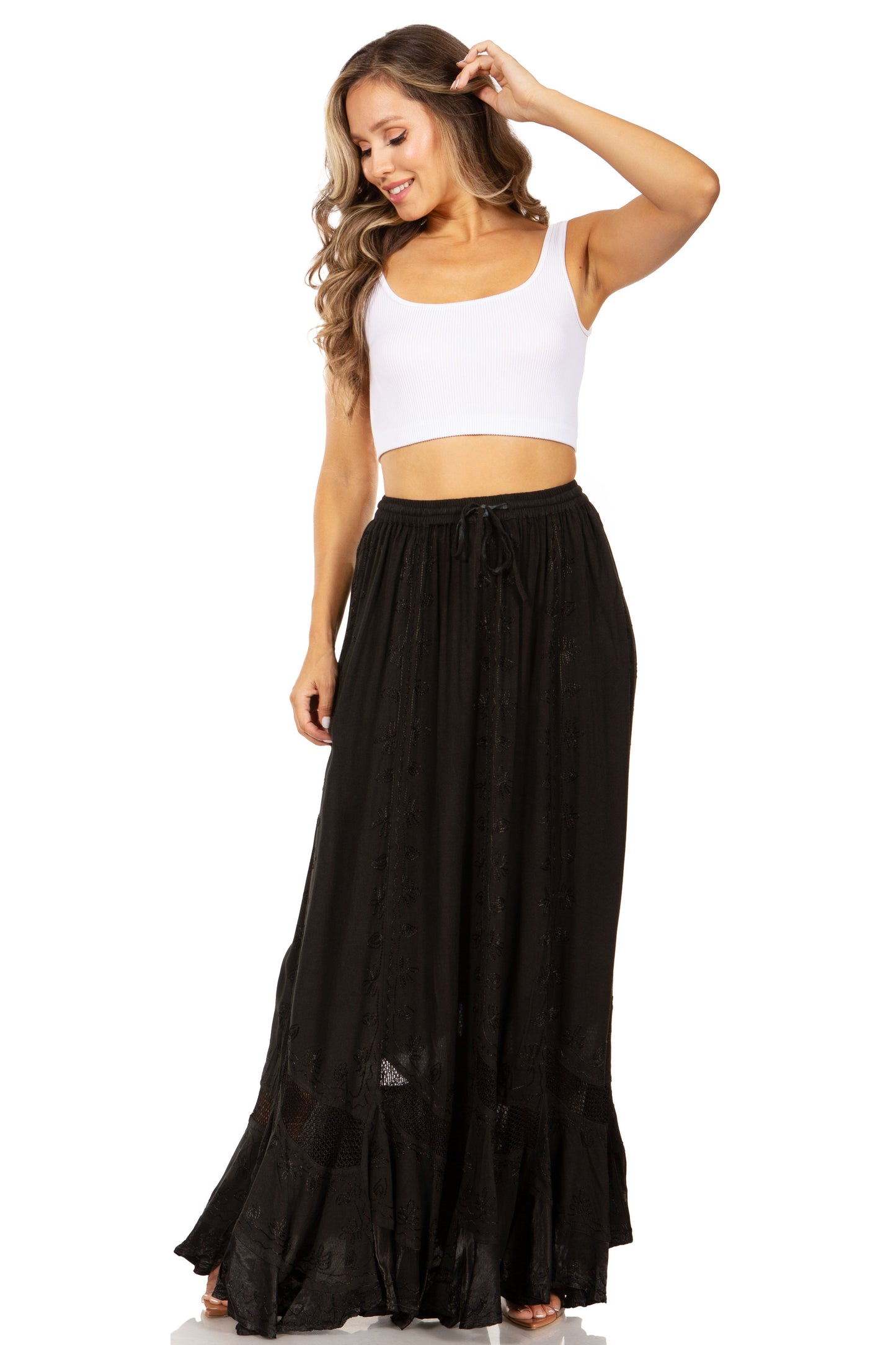 Sakkas Ivy Second Women's Maxi Boho Elastic Waist Embroidered A Line Long Skirt - Concordia Style Boutique