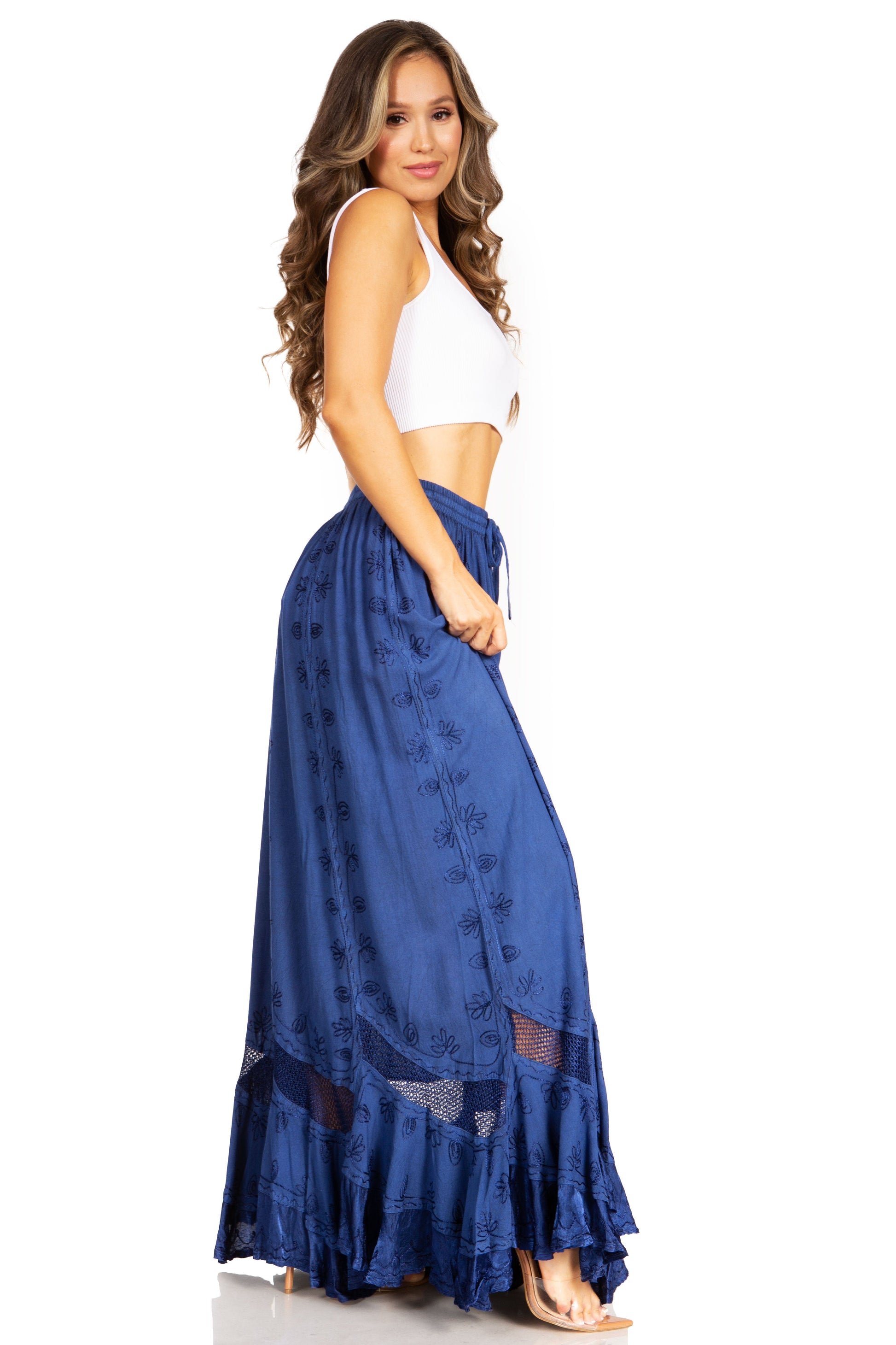 Sakkas Ivy Second Women's Maxi Boho Elastic Waist Embroidered A Line Long Skirt - Concordia Style Boutique