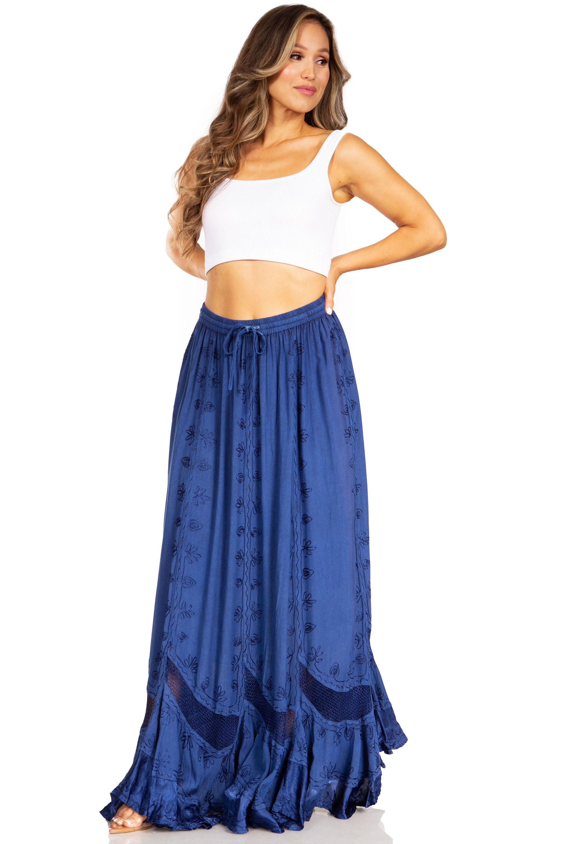 Sakkas Ivy Second Women's Maxi Boho Elastic Waist Embroidered A Line Long Skirt - Concordia Style Boutique