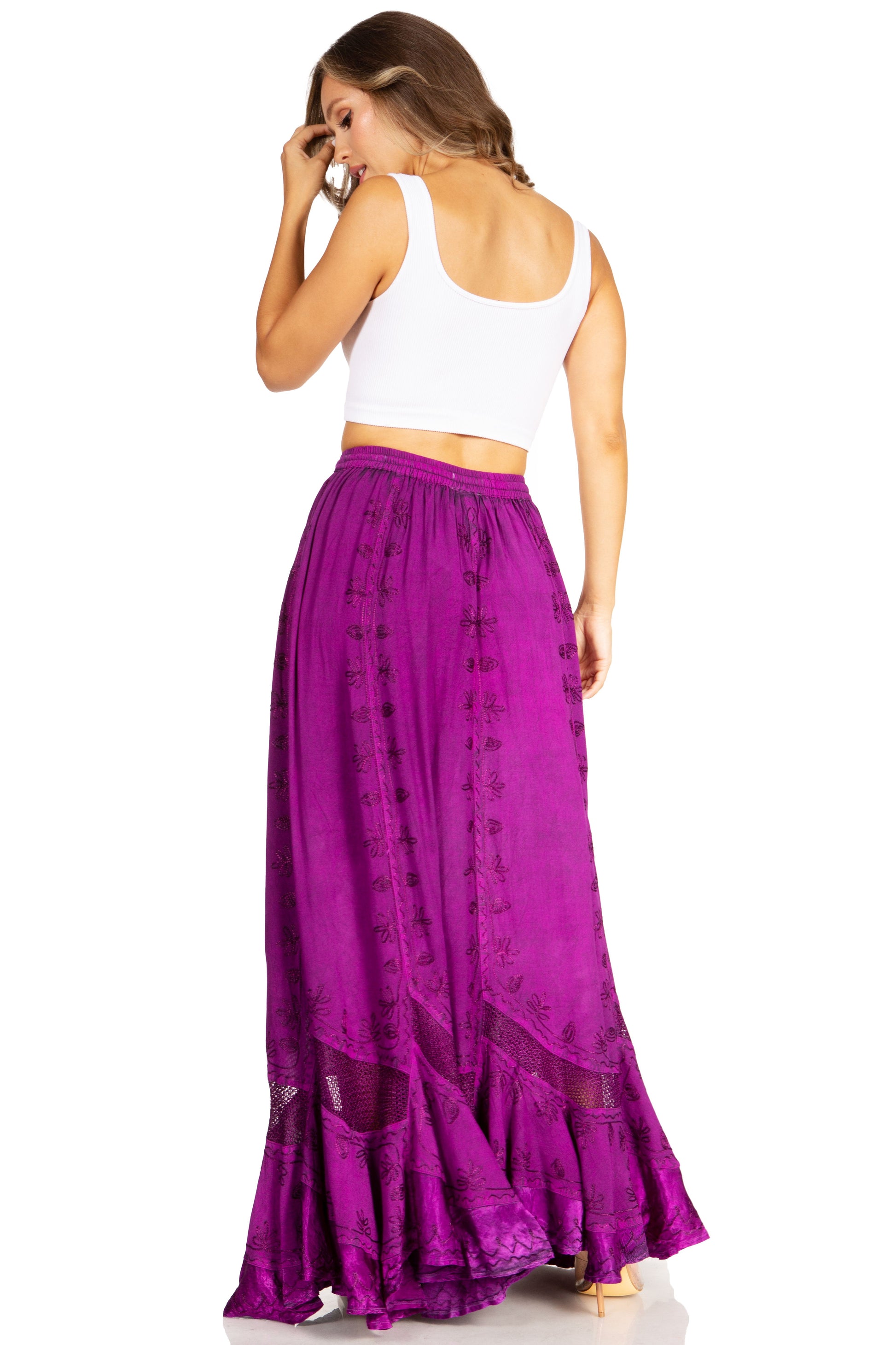 Sakkas Ivy Second Women's Maxi Boho Elastic Waist Embroidered A Line Long Skirt - Concordia Style Boutique