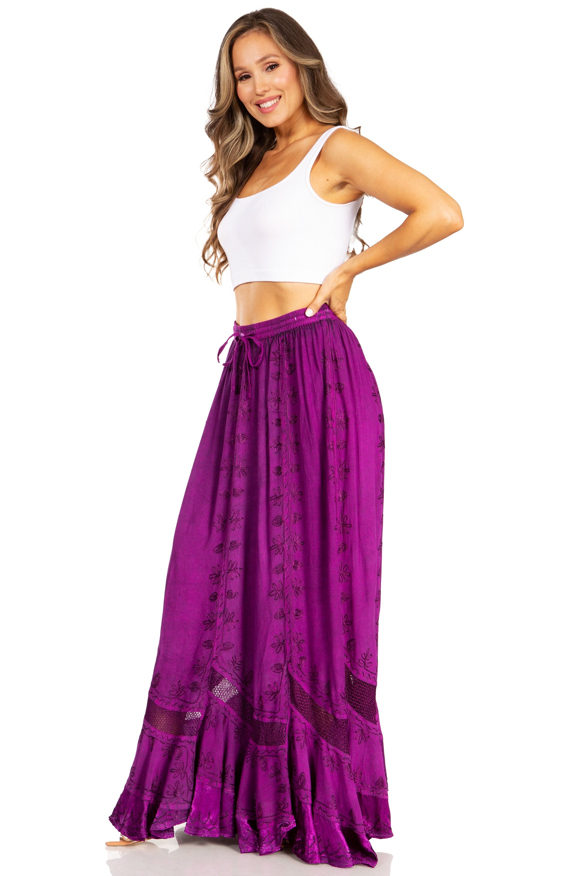 Sakkas Ivy Second Women's Maxi Boho Elastic Waist Embroidered A Line Long Skirt - Concordia Style Boutique