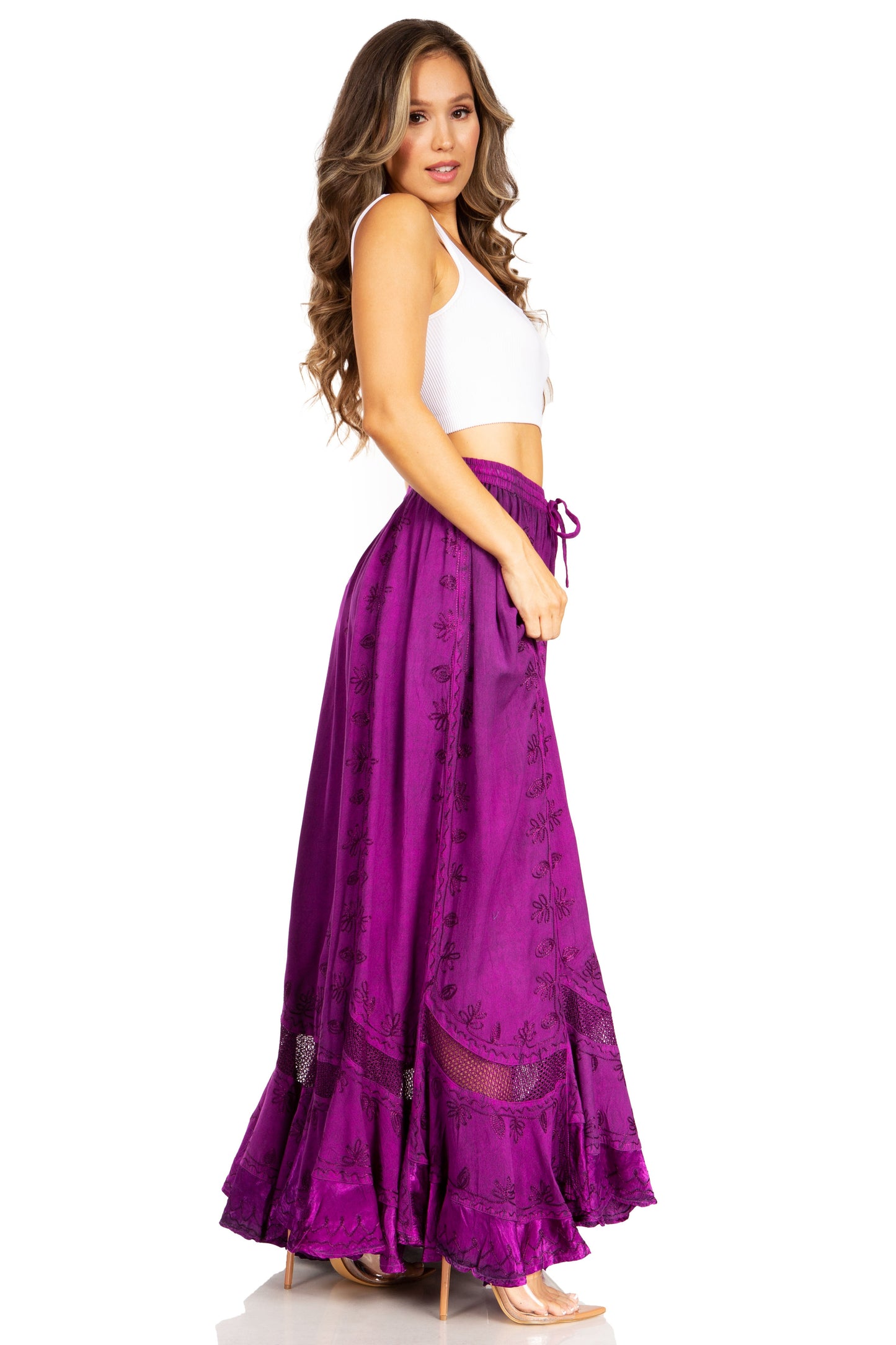 Sakkas Ivy Second Women's Maxi Boho Elastic Waist Embroidered A Line Long Skirt - Concordia Style Boutique