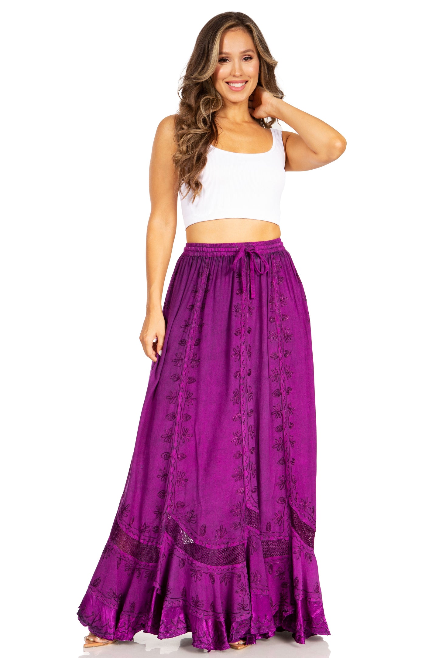 Sakkas Ivy Second Women's Maxi Boho Elastic Waist Embroidered A Line Long Skirt - Concordia Style Boutique