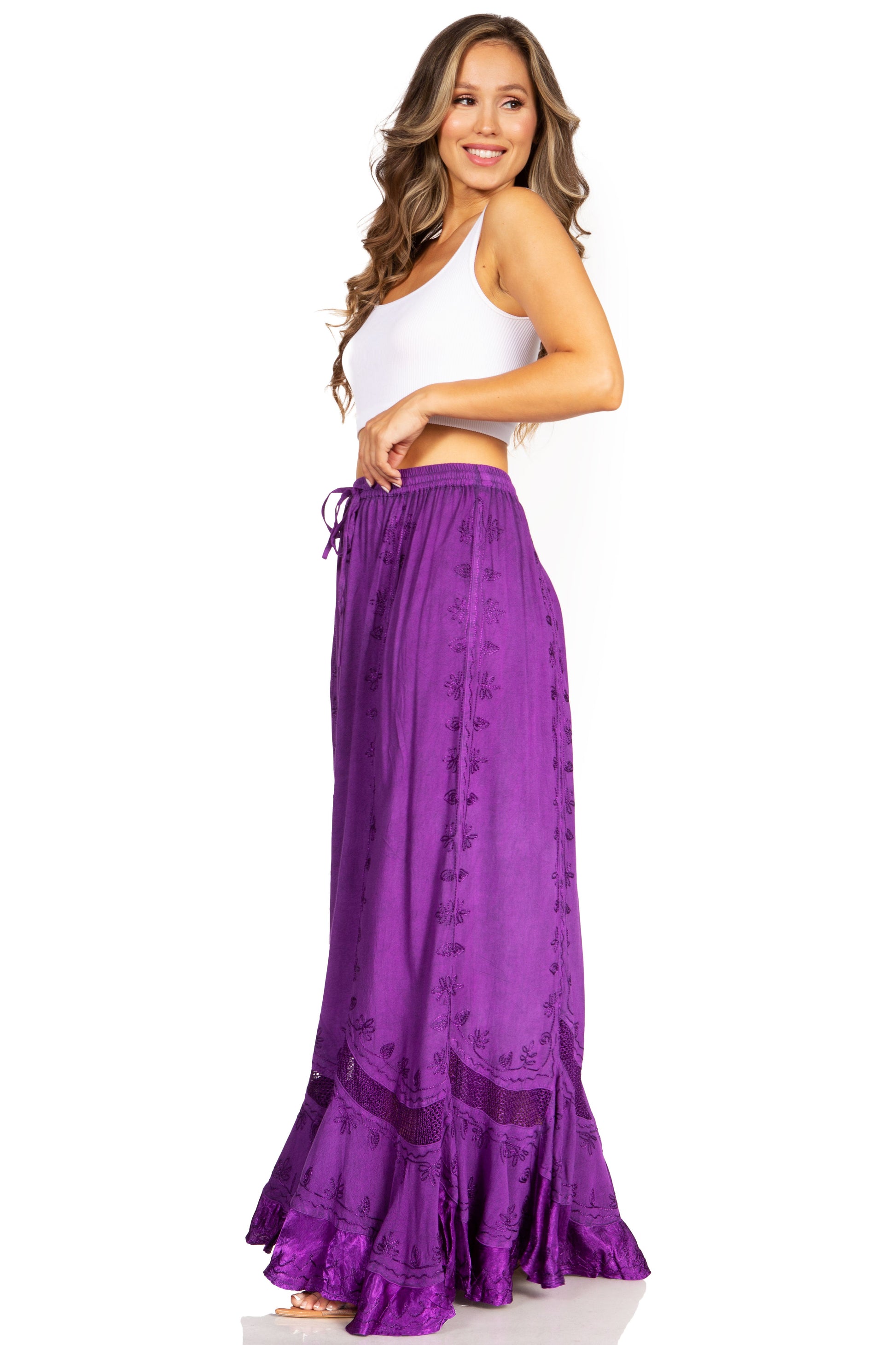 Sakkas Ivy Second Women's Maxi Boho Elastic Waist Embroidered A Line Long Skirt - Concordia Style Boutique