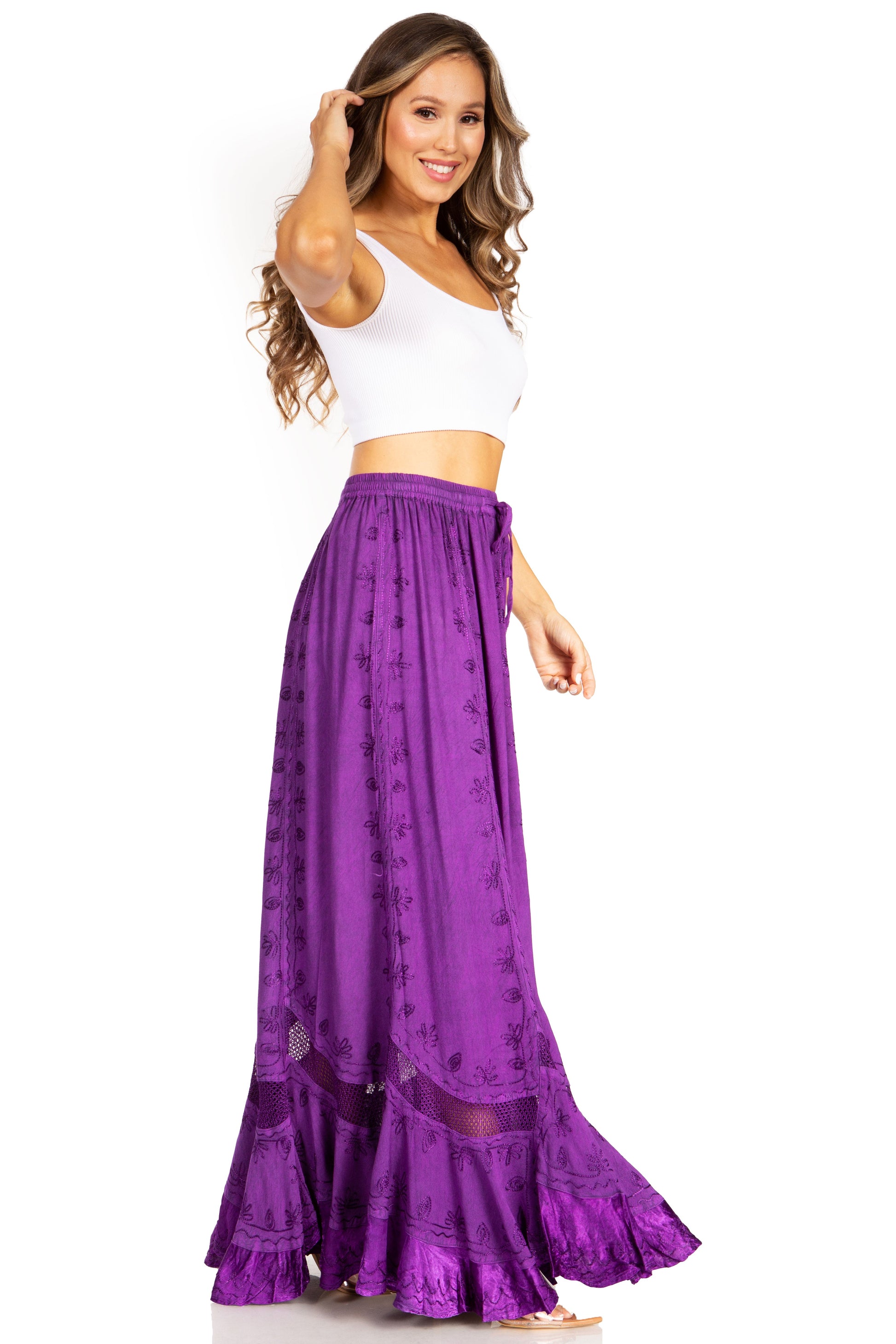 Sakkas Ivy Second Women's Maxi Boho Elastic Waist Embroidered A Line Long Skirt - Concordia Style Boutique