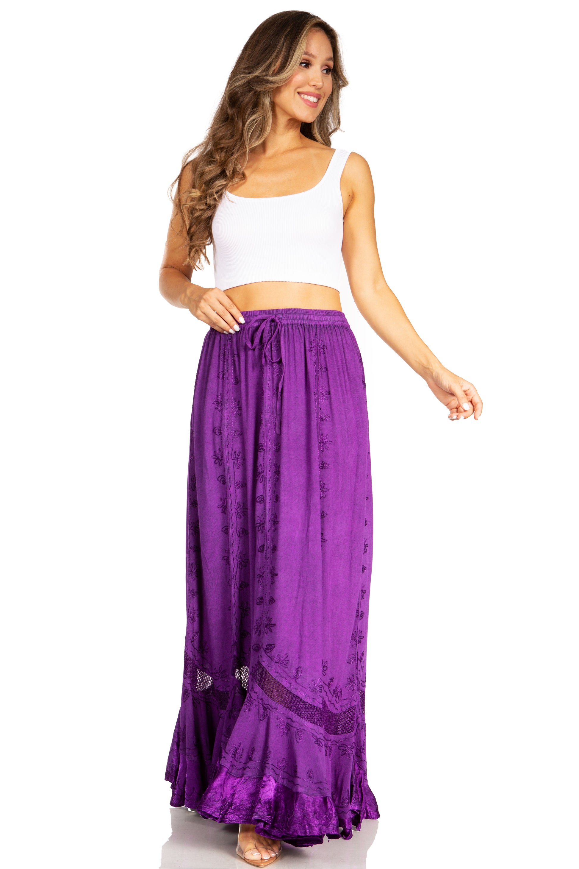 Sakkas Ivy Second Women's Maxi Boho Elastic Waist Embroidered A Line Long Skirt - Concordia Style Boutique