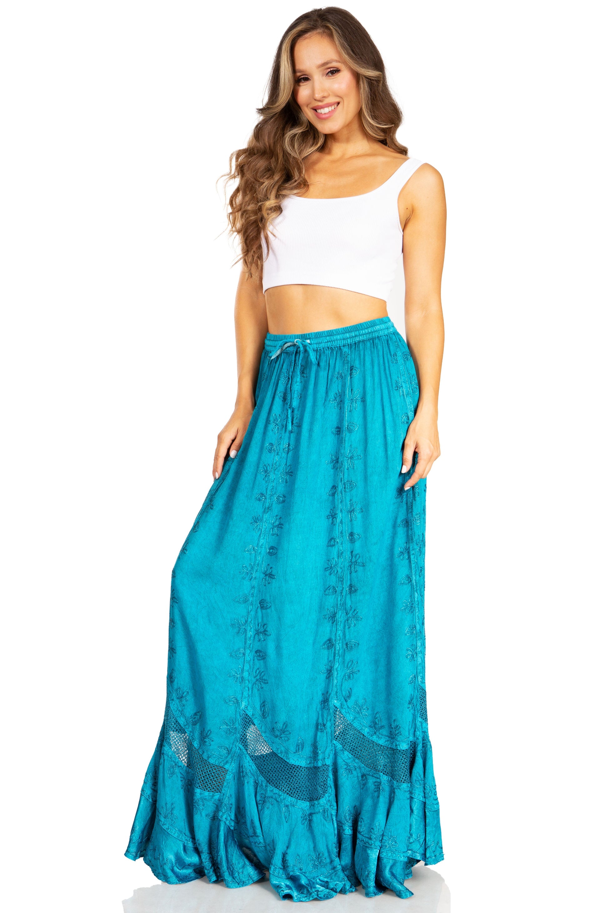 Sakkas Ivy Second Women's Maxi Boho Elastic Waist Embroidered A Line Long Skirt - Concordia Style Boutique