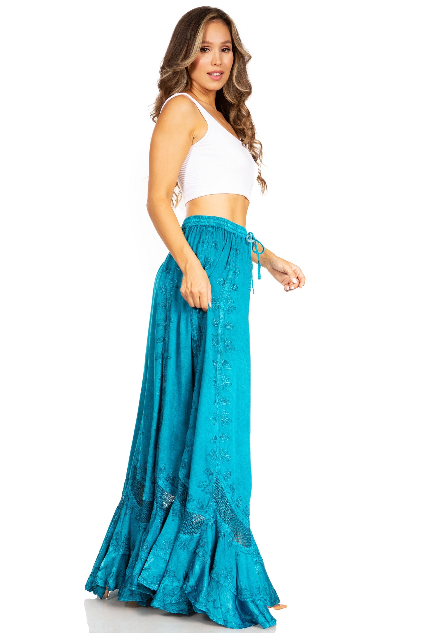 Sakkas Ivy Second Women's Maxi Boho Elastic Waist Embroidered A Line Long Skirt - Concordia Style Boutique