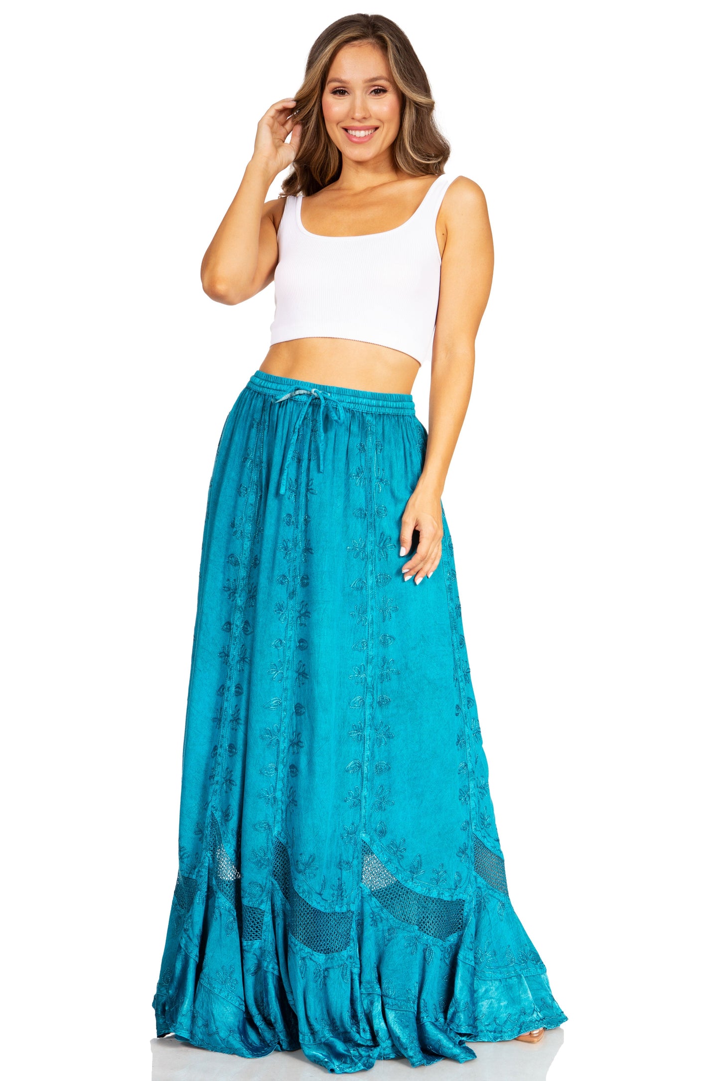 Sakkas Ivy Second Women's Maxi Boho Elastic Waist Embroidered A Line Long Skirt - Concordia Style Boutique