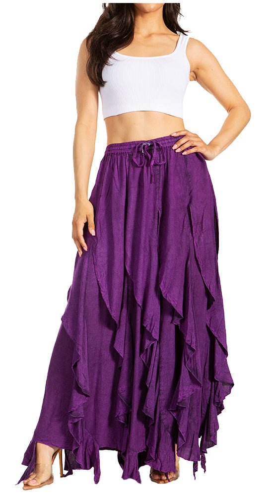 Sakkas Nova Womens Bohemian Stonewashed Rayon Asymmetrical Hem Maxi Swing Skirt - Concordia Style Boutique