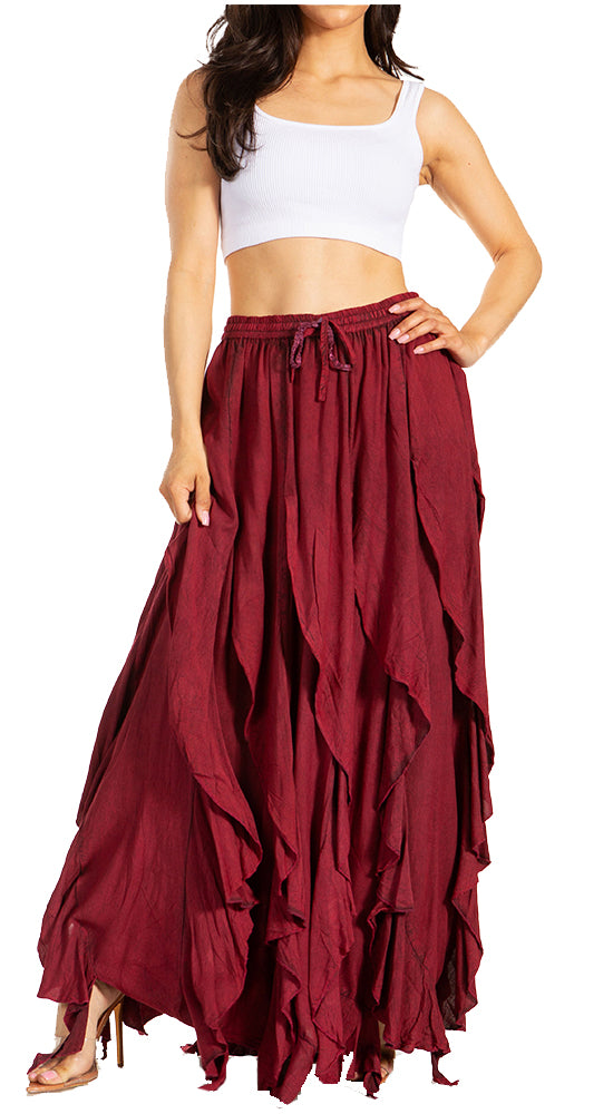 Sakkas Nova Womens Bohemian Stonewashed Rayon Asymmetrical Hem Maxi Swing Skirt - Concordia Style Boutique