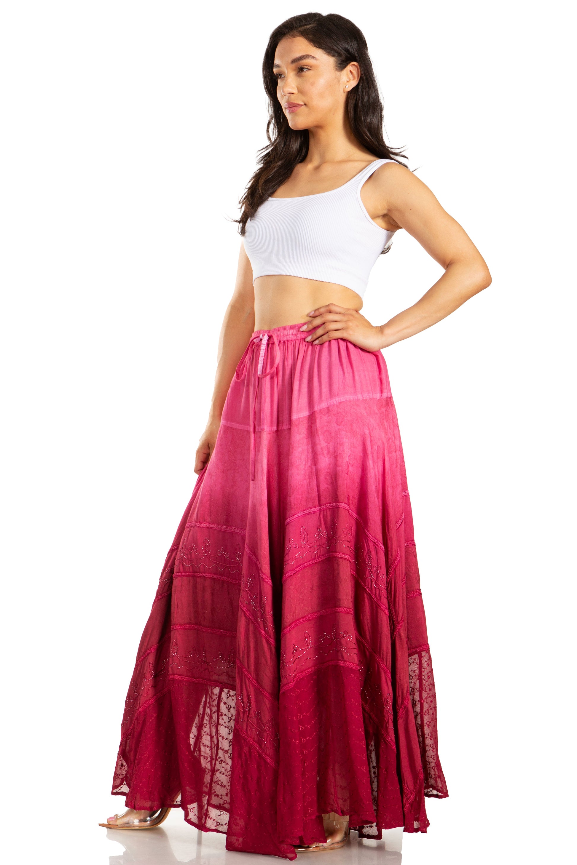 Sakkas Lyra Womens Bohemian Soft Brocade Rayon Tiered Embroidered Flowy Long Skirt - Concordia Style Boutique