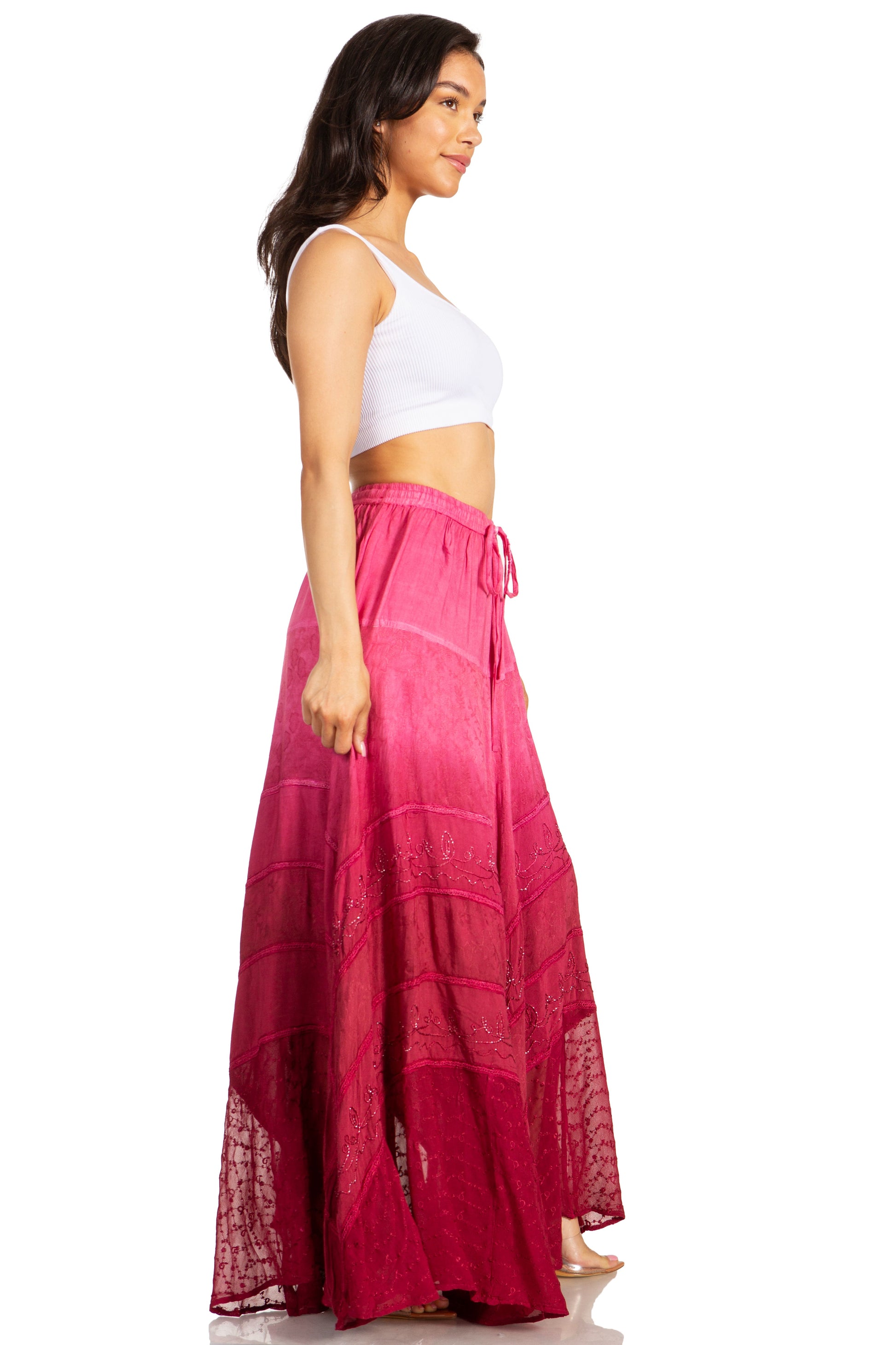 Sakkas Lyra Womens Bohemian Soft Brocade Rayon Tiered Embroidered Flowy Long Skirt - Concordia Style Boutique