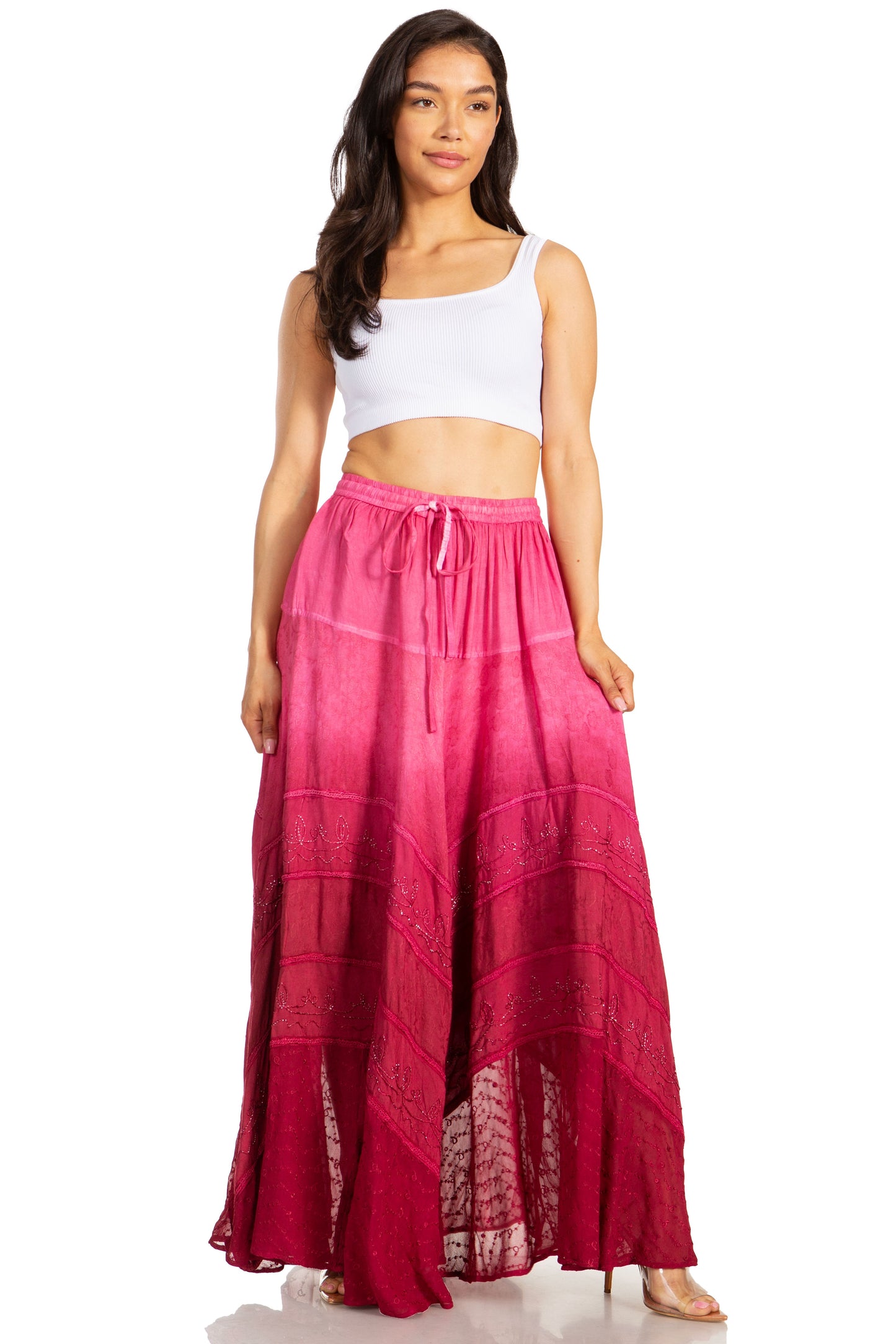 Sakkas Lyra Womens Bohemian Soft Brocade Rayon Tiered Embroidered Flowy Long Skirt - Concordia Style Boutique
